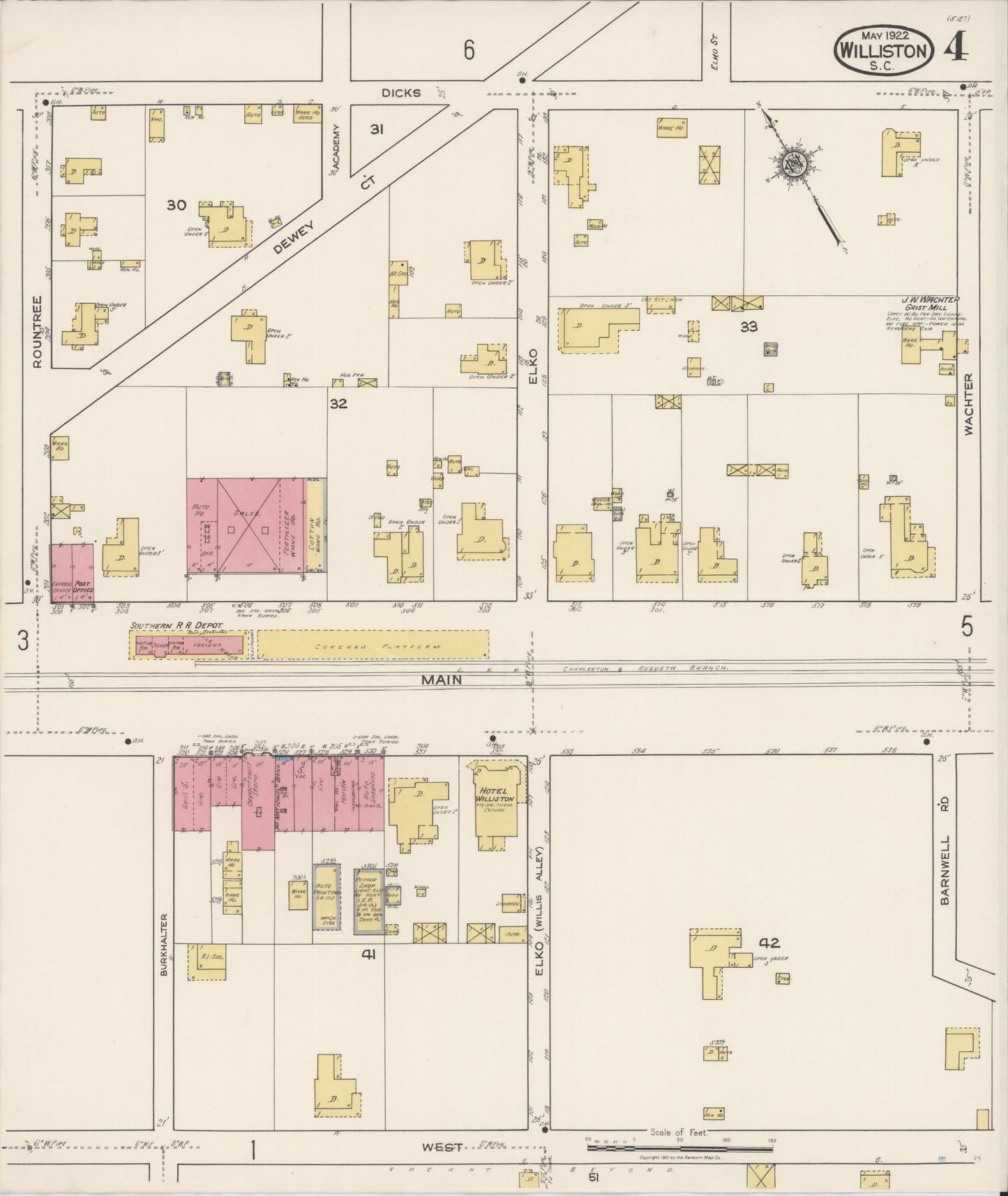 Sanborn Fire Insurance Map from Williston, Barnwell County, South Carolina (1922), Sheet #0004 - Complete Map Set gallery image, historic Sanborn map, vintage wall art, South Carolina South Carolina