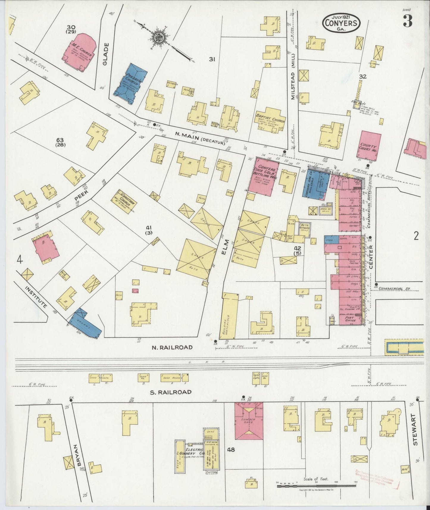 Sanborn Fire Insurance Map from Conyers, Rockdale County, Georgia (1921), Sheet #0003 - Historic Sanborn Fire Insurance Map Print, vintage old map wall art, antique decor, genealogy gift, Georgia Georgia map