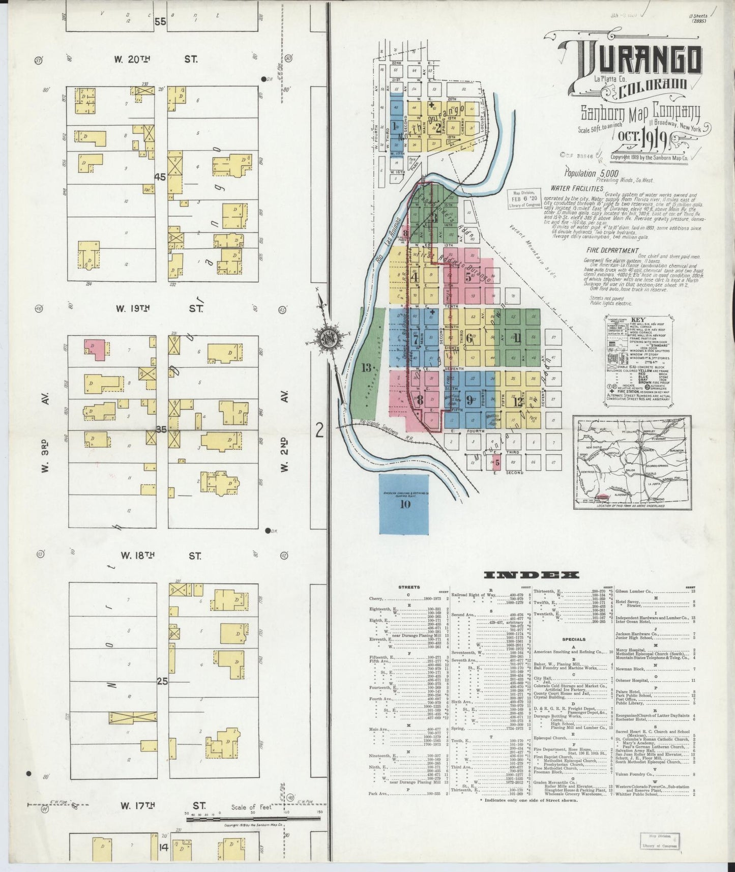 Sanborn Fire Insurance Map from Durango, La Plata County, Colorado (1919), Sheet #0001 - Historic Sanborn Fire Insurance Map Print, vintage old map wall art, antique decor, genealogy gift, Colorado Colorado map