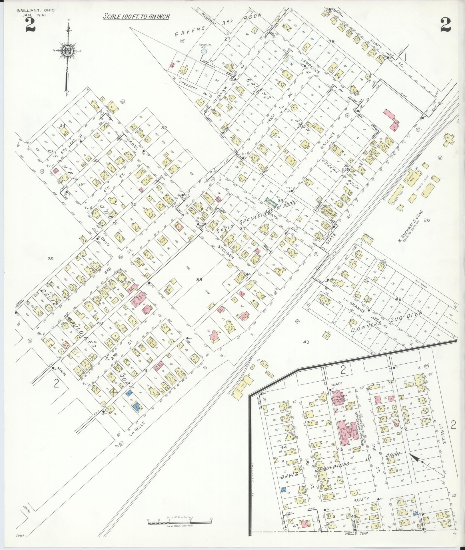 Sanborn Fire Insurance Map from Brilliant, Jefferson County, Ohio (1938), Sheet #0002 - Complete Map Set gallery image, historic Sanborn map, vintage wall art, Ohio Ohio