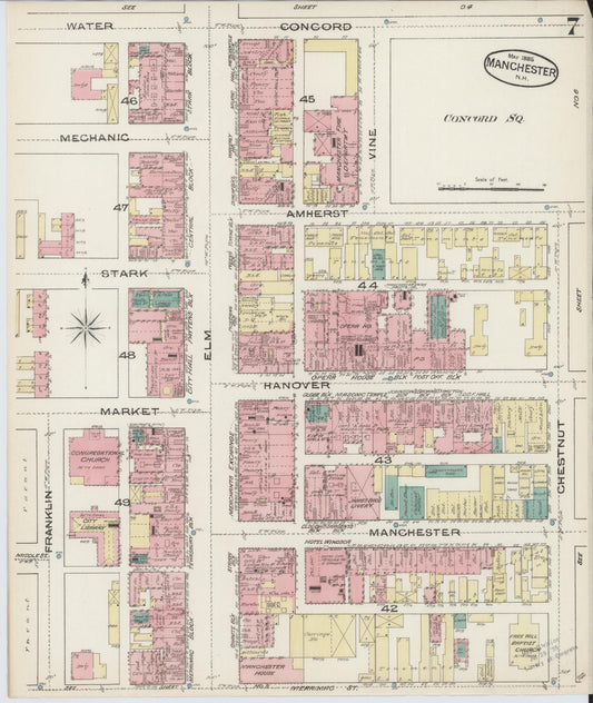 Sanborn Fire Insurance Map from Manchester, Hillsborough County, New Hampshire (1885), Sheet #0007 - Historic Sanborn Fire Insurance Map Print, vintage old map wall art, antique decor, genealogy gift, New Hampshire New Hampshire map