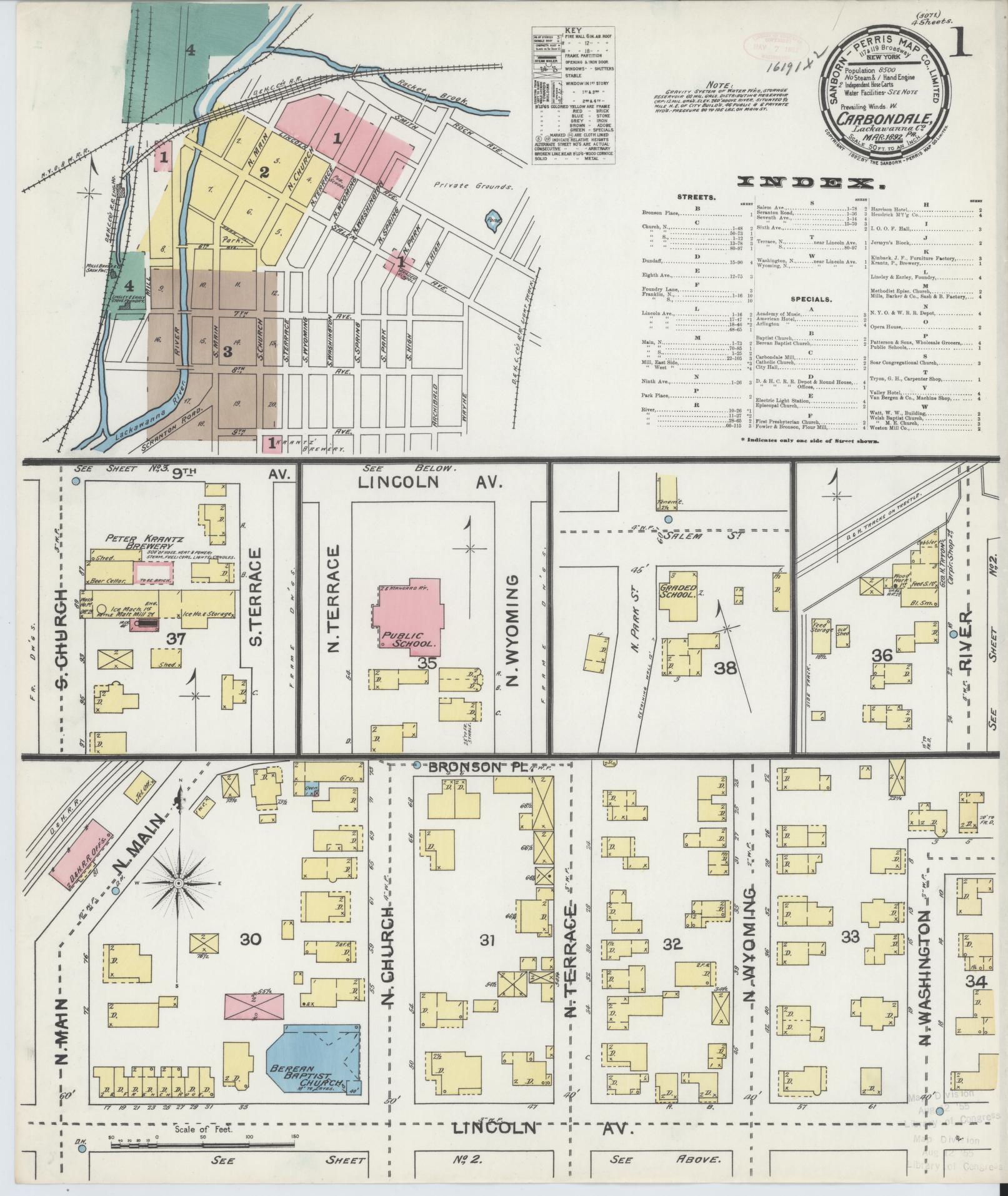 Sanborn Fire Insurance Map from Carbondale, Lackawanna County, Pennsylvania (1892), Sheet #0001 - Historic Sanborn Fire Insurance Map Print, vintage old map wall art, antique decor, genealogy gift, Pennsylvania Pennsylvania map