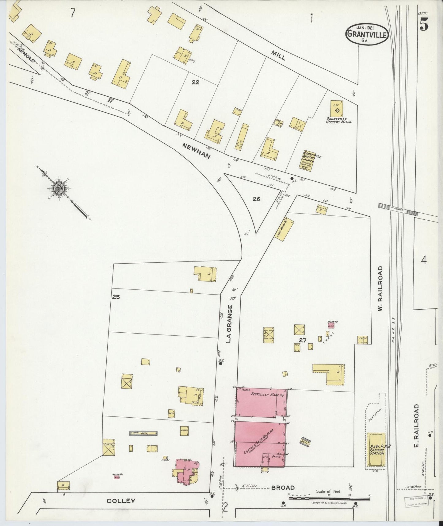 Sanborn Fire Insurance Map from Grantville, Coweta County, Georgia (1921), Sheet #0005 - Historic Sanborn Fire Insurance Map Print, vintage old map wall art, antique decor, genealogy gift, Georgia Georgia map
