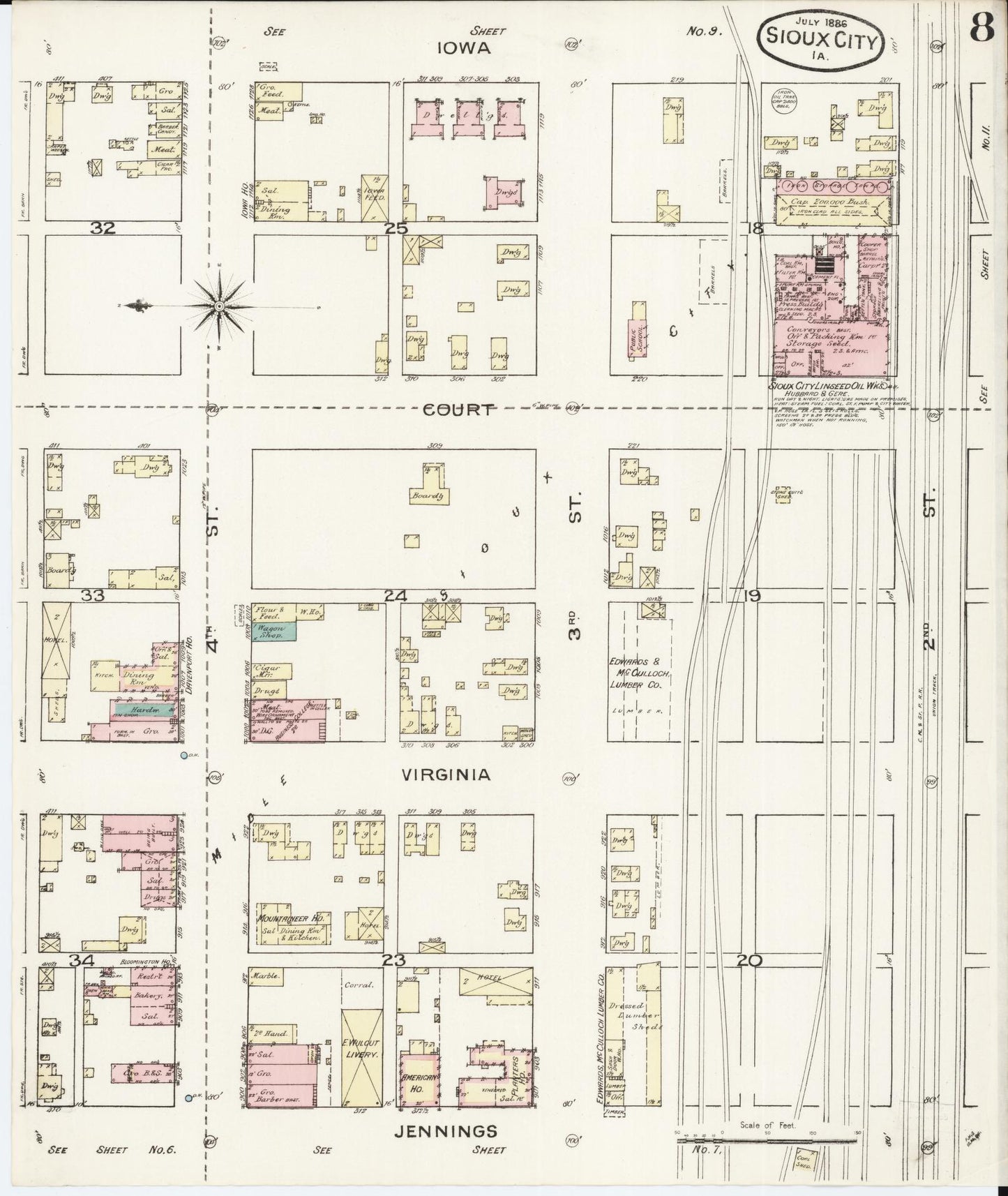 Sanborn Fire Insurance Map from Sioux City, Woodbury County, Iowa (1886), Sheet #0008 - Historic Sanborn Fire Insurance Map Print, vintage old map wall art