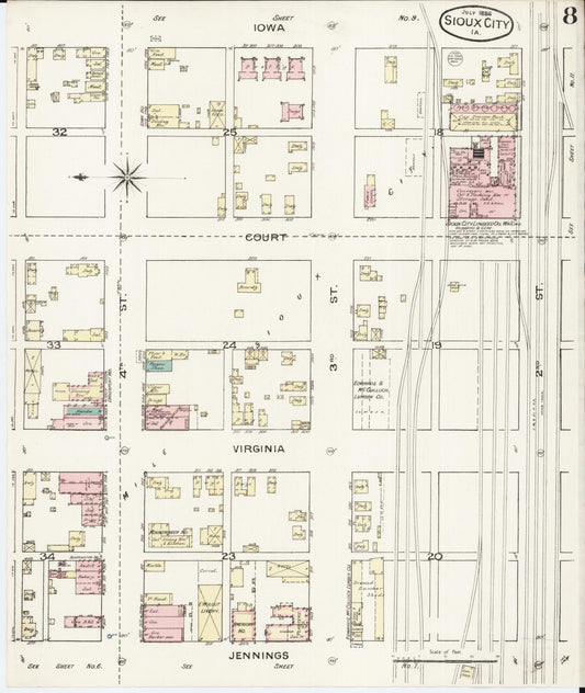Sanborn Fire Insurance Map from Sioux City, Woodbury County, Iowa (1886), Sheet #0008 - Historic Sanborn Fire Insurance Map Print, vintage old map wall art