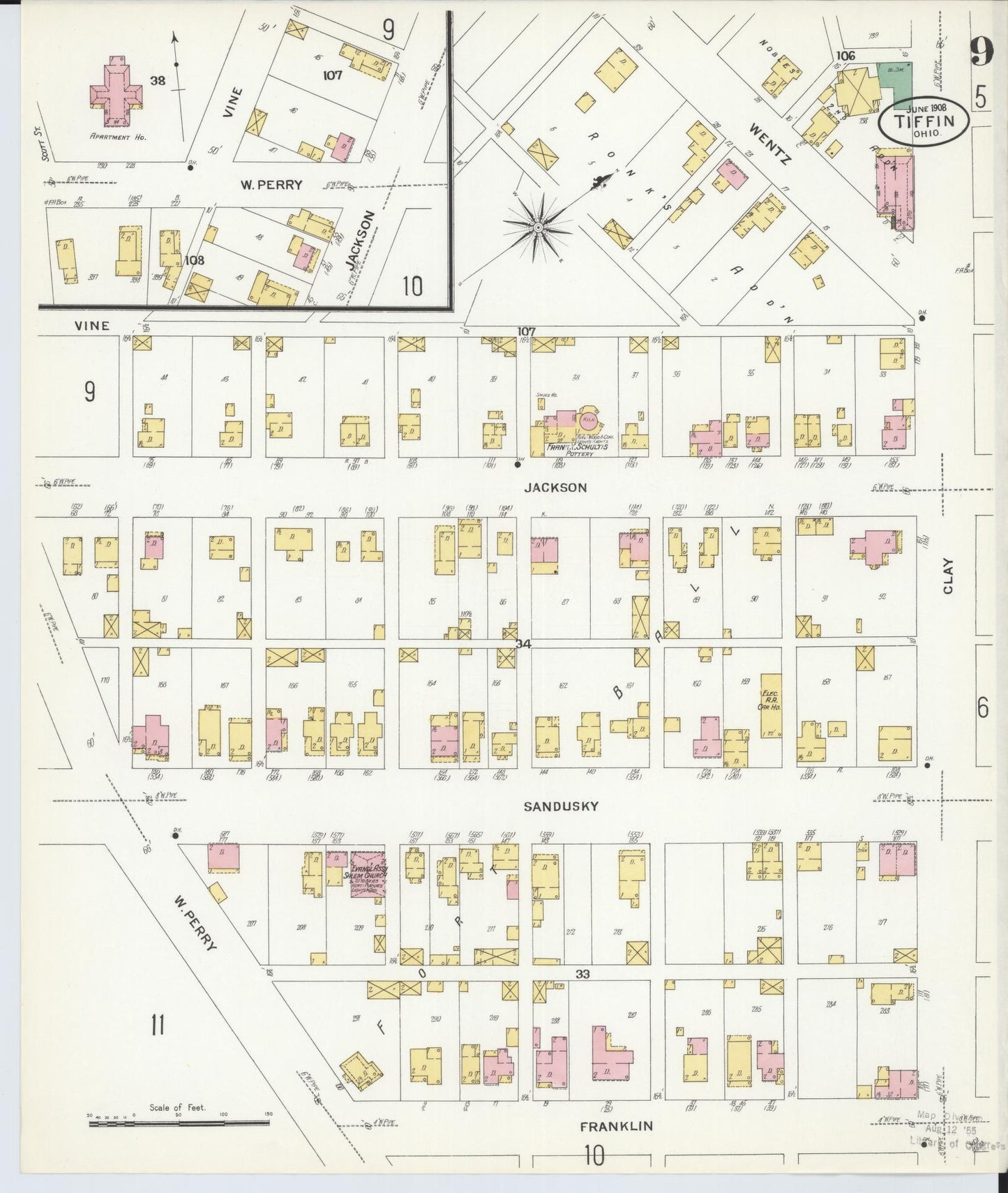 Sanborn Fire Insurance Map from Tiffin, Seneca County, Ohio (1908), Sheet #0009 - Complete Map Set gallery image, historic Sanborn map, vintage wall art, Ohio Ohio
