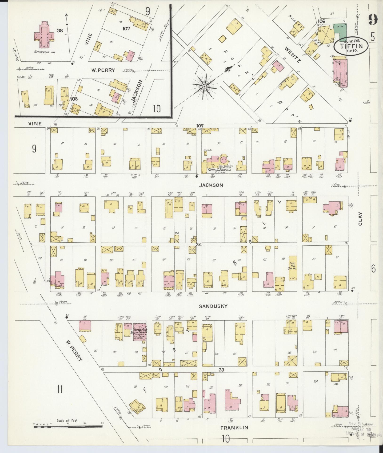 Sanborn Fire Insurance Map from Tiffin, Seneca County, Ohio (1908), Sheet #0009 - Complete Map Set gallery image, historic Sanborn map, vintage wall art, Ohio Ohio
