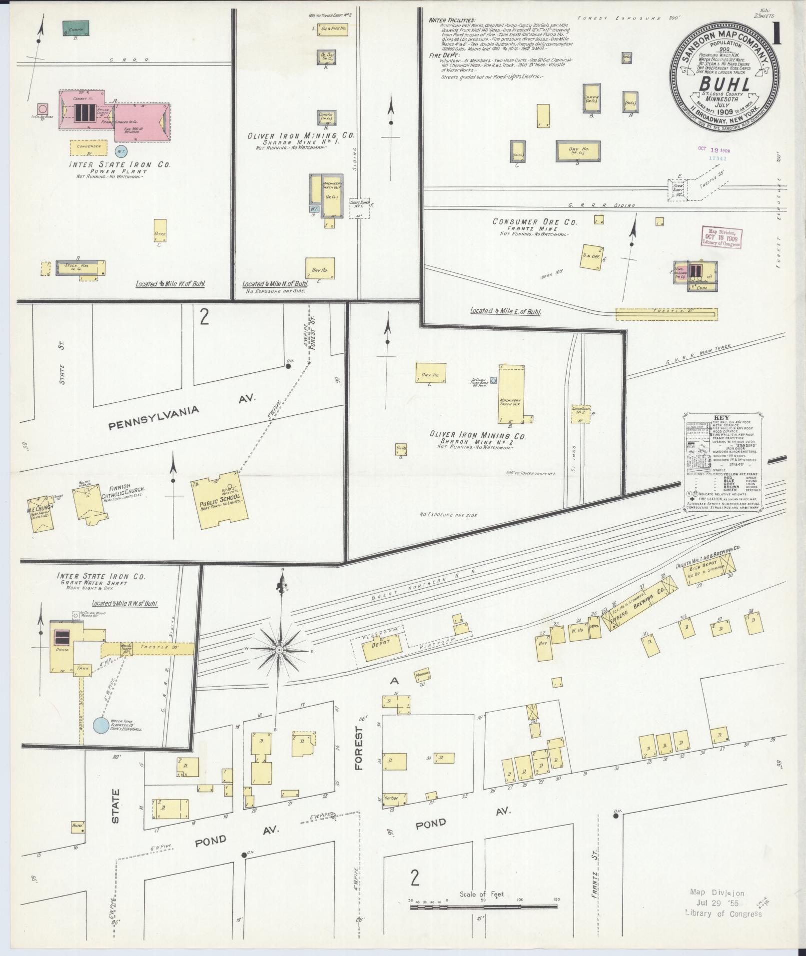 Sanborn Fire Insurance Map from Buhl, Saint Louis County, Minnesota (1909), Sheet #0001 - Historic Sanborn Fire Insurance Map Print, vintage old map wall art, antique decor, genealogy gift, Minnesota Minnesota map
