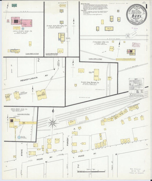 Sanborn Fire Insurance Map from Buhl, Saint Louis County, Minnesota (1909), Sheet #0001 - Historic Sanborn Fire Insurance Map Print, vintage old map wall art, antique decor, genealogy gift, Minnesota Minnesota map
