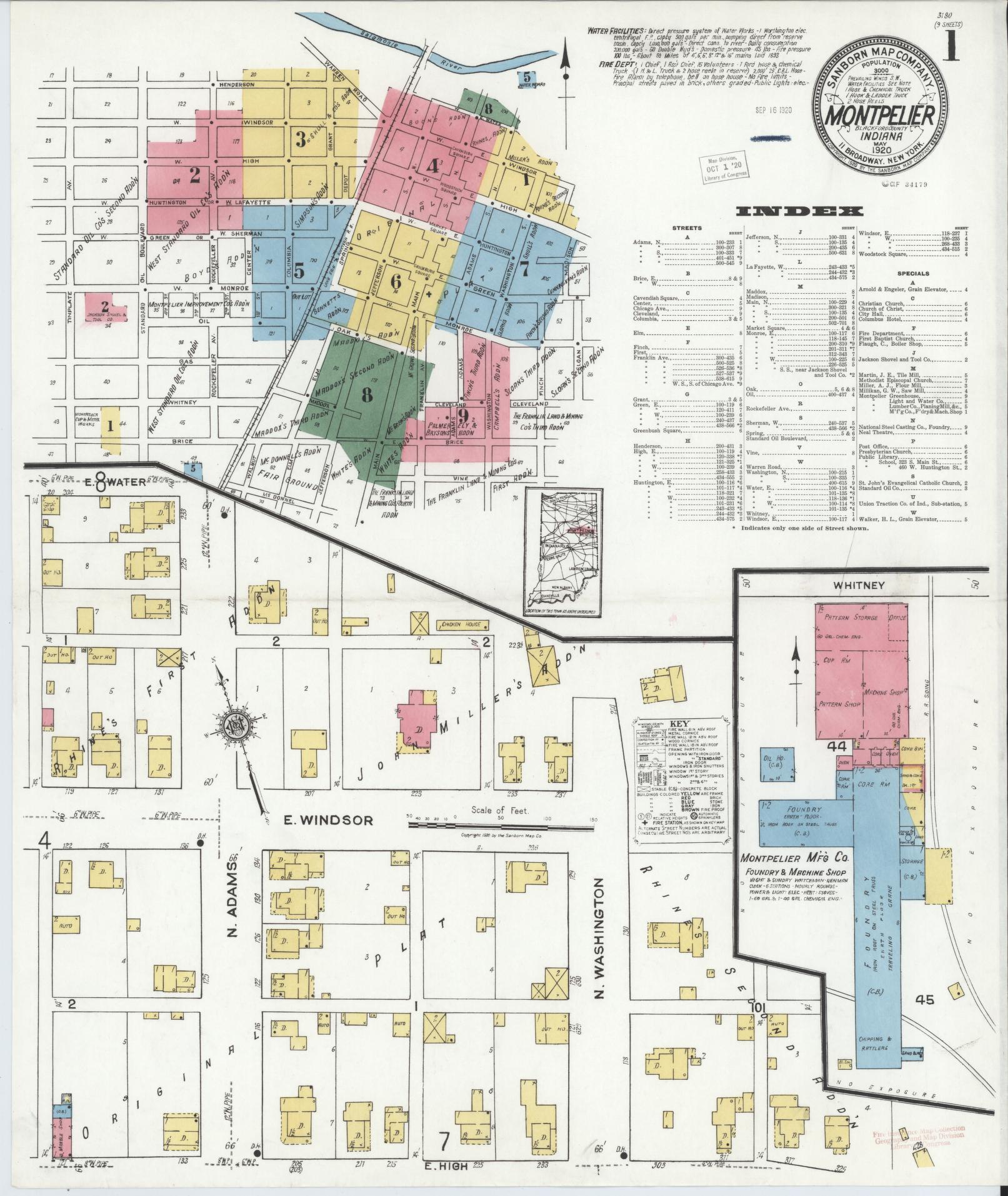Sanborn Fire Insurance Map from Montpelier, Blackford County, Indiana (1920), Sheet #0001 - Complete Map Set gallery image, historic Sanborn map, vintage wall art, Indiana Indiana