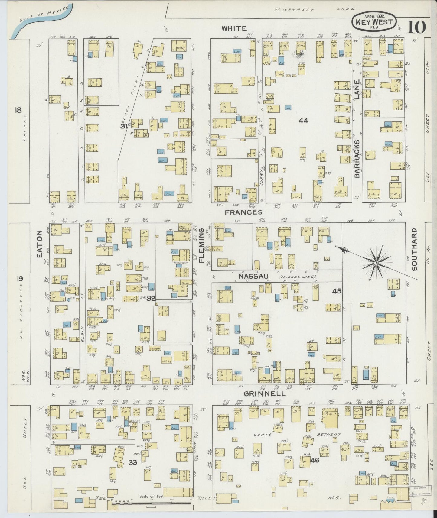 Sanborn Fire Insurance Map from Key West, Monroe County, Florida (1892), Sheet #0010 - Complete Map Set gallery image, historic Sanborn map, vintage wall art, Florida Florida