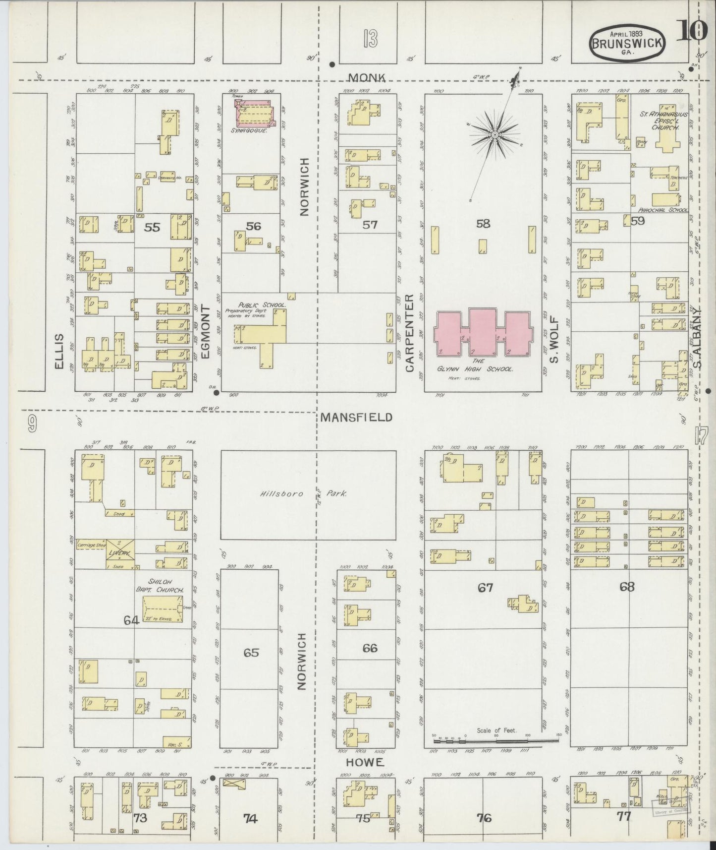 Sanborn Fire Insurance Map from Brunswick, Glynn County, Georgia (1893), Sheet #0010 - Historic Sanborn Fire Insurance Map Print, vintage old map wall art, antique decor, genealogy gift, Georgia Georgia map