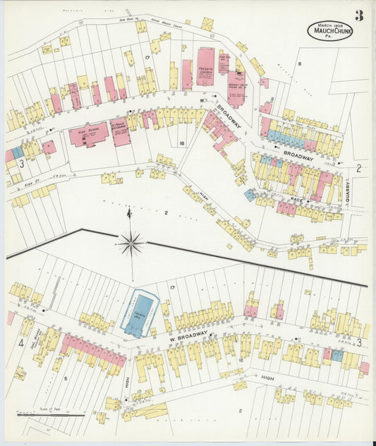 Sanborn Fire Insurance Map from Mauch Chunk, Carbon County, Pennsylvania (1908), Sheet #0003 - Historic Sanborn Fire Insurance Map Print, vintage old map wall art, antique decor, genealogy gift, Pennsylvania Pennsylvania map