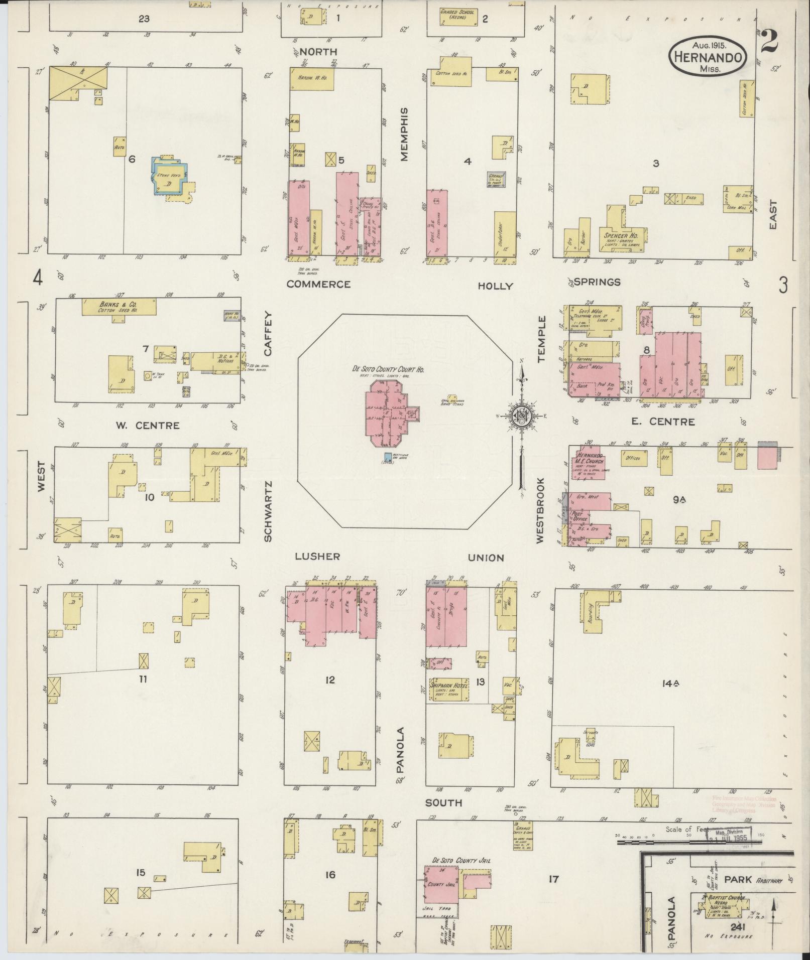 Sanborn Fire Insurance Map from Hernando, De Soto County, Mississippi (1915), Sheet #0002 - Historic Sanborn Fire Insurance Map Print, vintage old map wall art, antique decor, genealogy gift, Mississippi Mississippi map