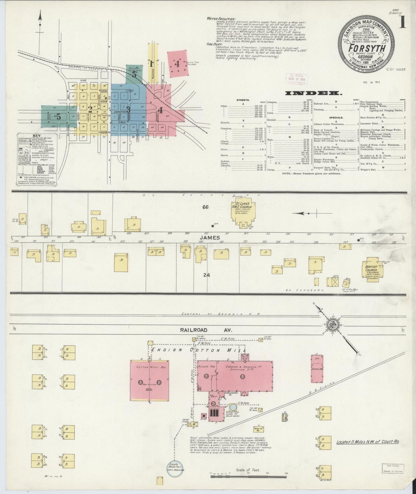 Sanborn Fire Insurance Map from Forsyth, Monroe County, Georgia (1911), Sheet #0001 - Complete Map Set gallery image, historic Sanborn map, vintage wall art, Georgia Georgia