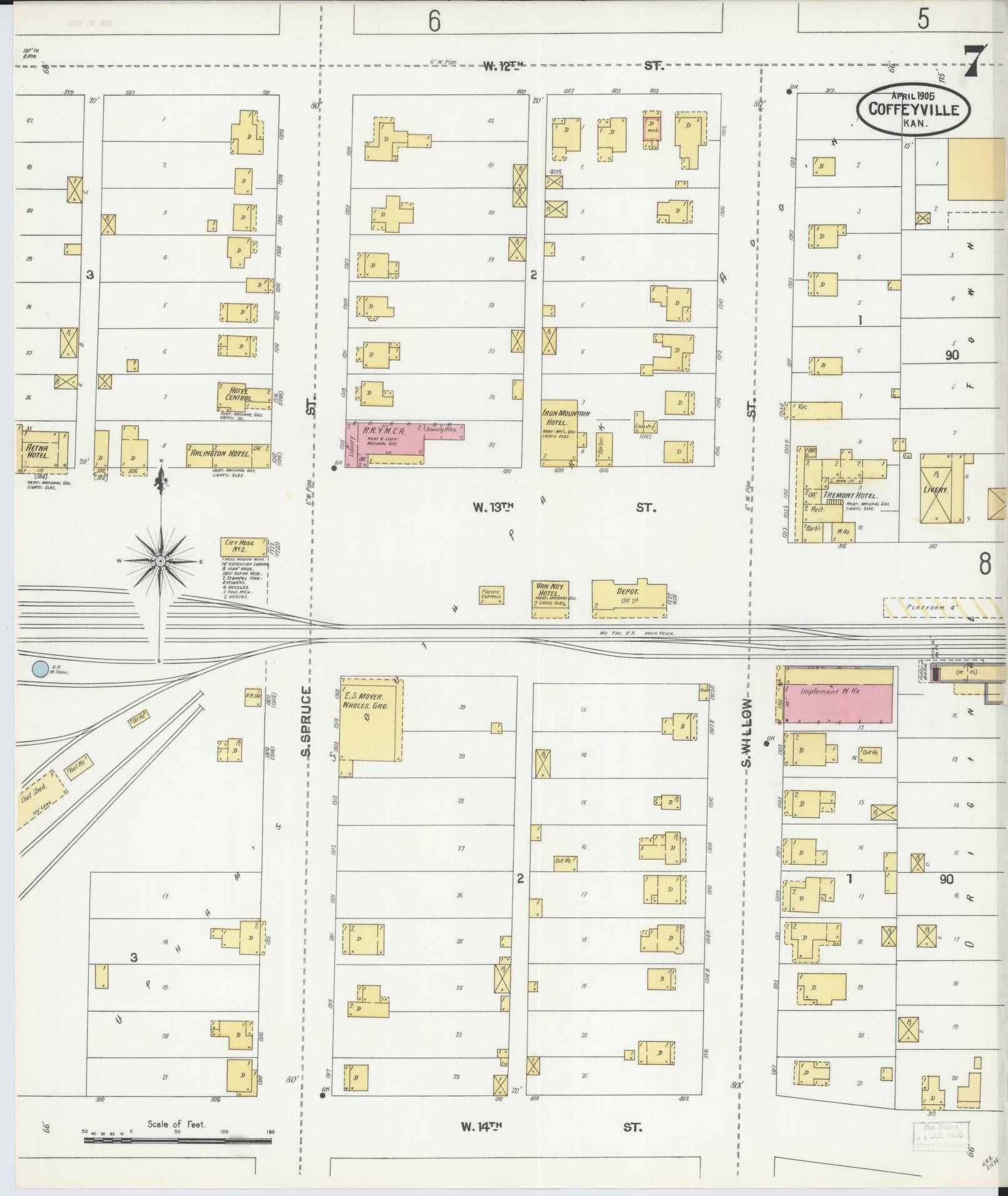 Sanborn Fire Insurance Map from Coffeyville, Montgomery County, Kansas (1905), Sheet #0007 - Historic Sanborn Fire Insurance Map Print, vintage old map wall art, antique decor, genealogy gift, Kansas Kansas map