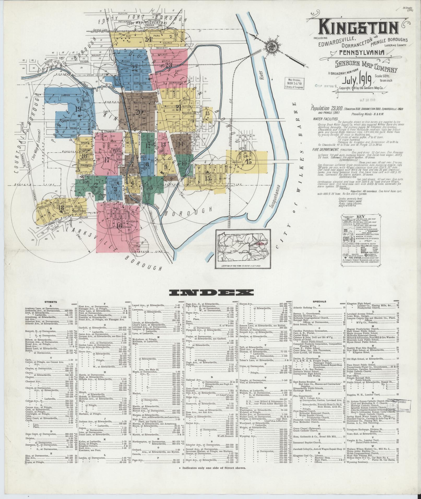 Sanborn Fire Insurance Map from Kingston, Luzerne County, Pennsylvania (1919), Sheet #0001 - Complete Map Set gallery image, historic Sanborn map, vintage wall art, Pennsylvania Pennsylvania
