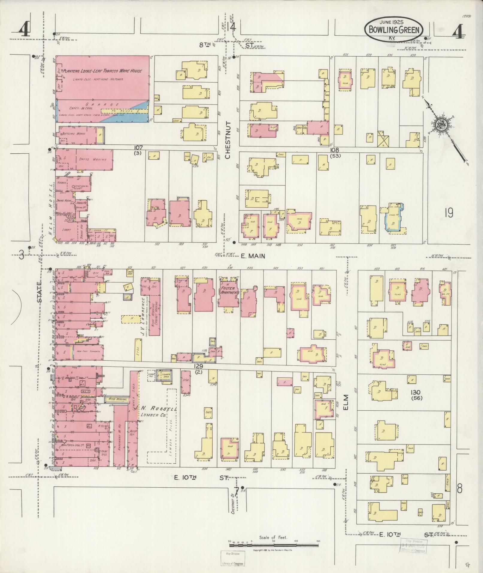 Sanborn Fire Insurance Map from Bowling Green, Warren County, Kentucky (1925), Sheet #0004 - Historic Sanborn Fire Insurance Map Print, vintage old map wall art, antique decor, genealogy gift, Kentucky Kentucky map