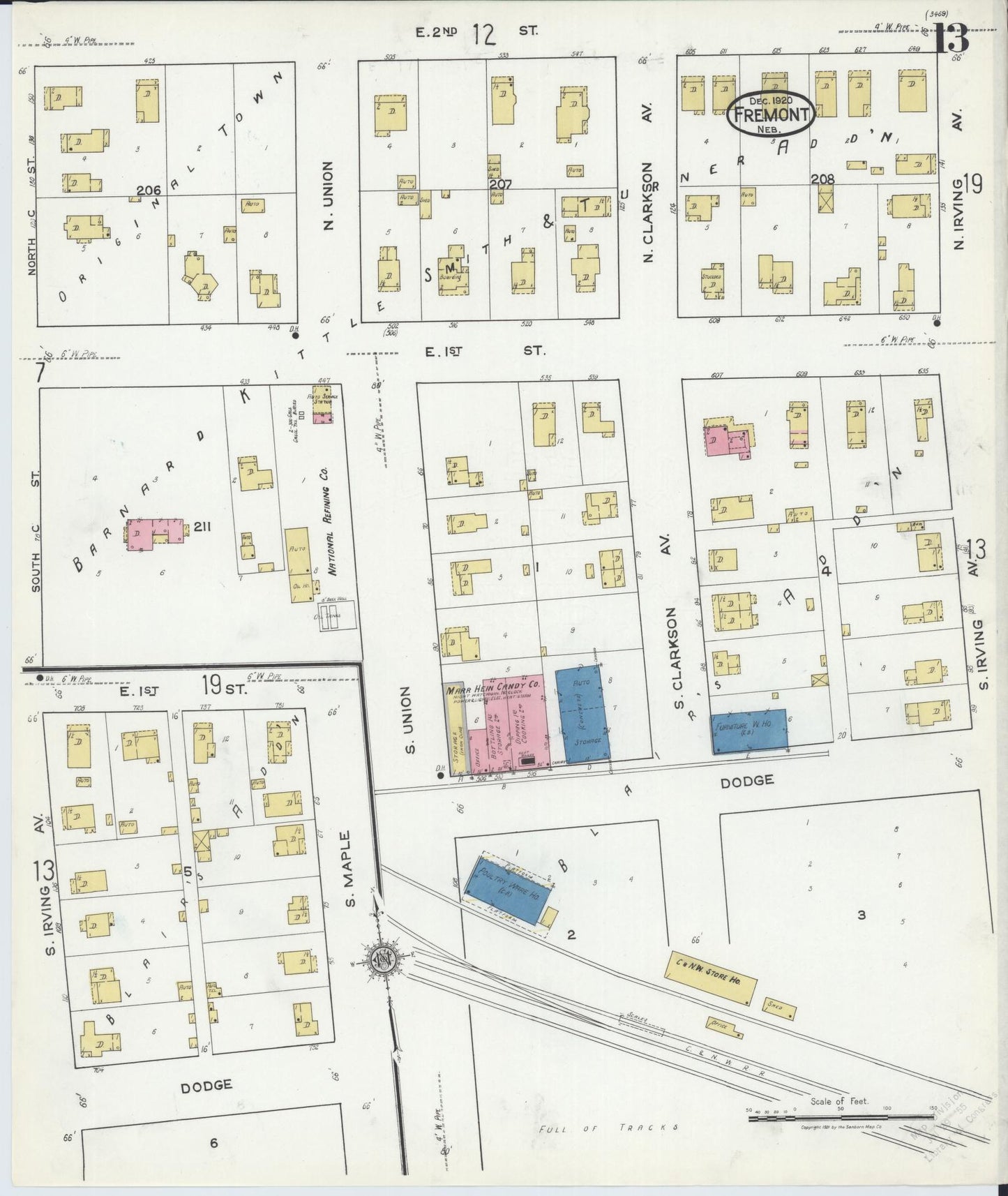 Sanborn Fire Insurance Map from Fremont, Dodge County, Nebraska (1920), Sheet #0013 - Historic Sanborn Fire Insurance Map Print, vintage old map wall art, antique decor, genealogy gift, Nebraska Nebraska map