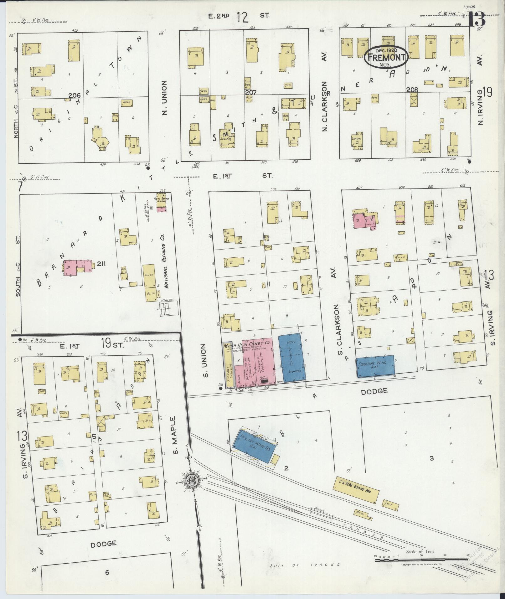 Sanborn Fire Insurance Map from Fremont, Dodge County, Nebraska (1920), Sheet #0013 - Historic Sanborn Fire Insurance Map Print, vintage old map wall art, antique decor, genealogy gift, Nebraska Nebraska map