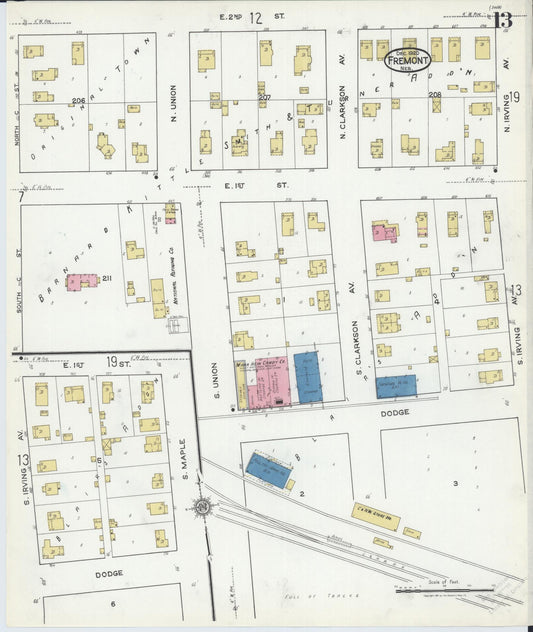 Sanborn Fire Insurance Map from Fremont, Dodge County, Nebraska (1920), Sheet #0013 - Historic Sanborn Fire Insurance Map Print, vintage old map wall art, antique decor, genealogy gift, Nebraska Nebraska map