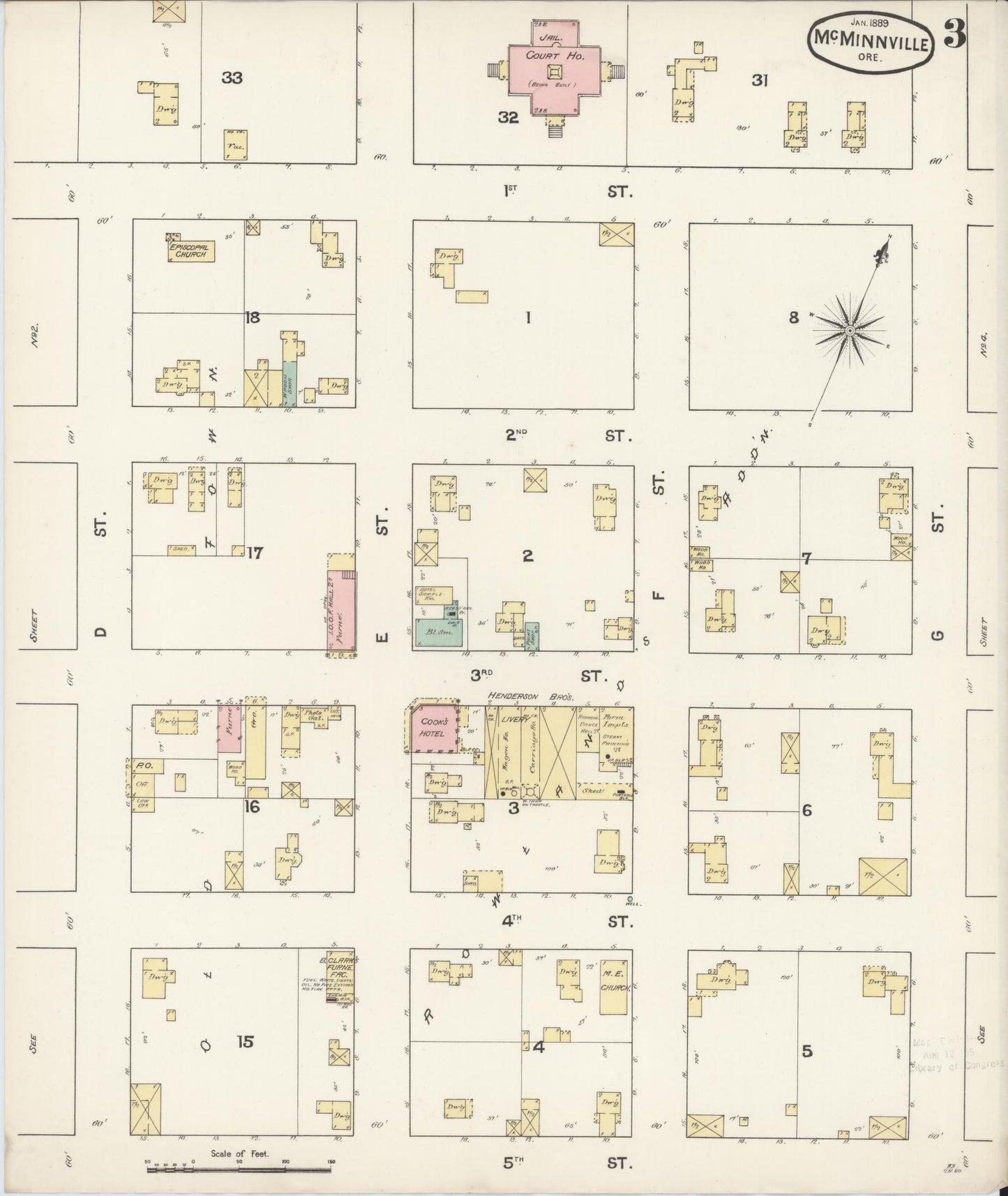 Sanborn Fire Insurance Map from McMinnville, Yamhill County, Oregon (1889), Sheet #0003 - Complete Map Set gallery image, historic Sanborn map, vintage wall art, Oregon Oregon