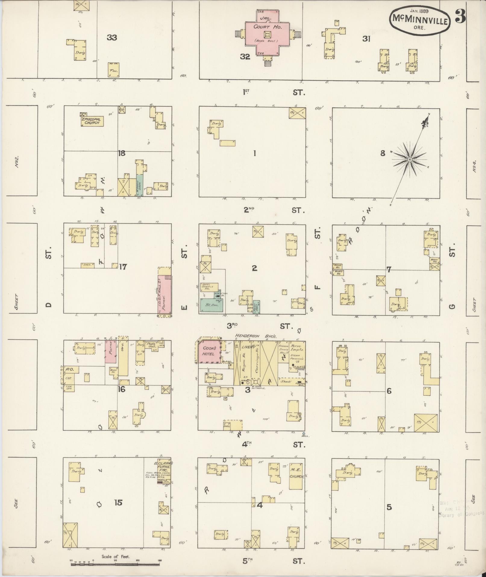 Sanborn Fire Insurance Map from McMinnville, Yamhill County, Oregon (1889), Sheet #0003 - Complete Map Set gallery image, historic Sanborn map, vintage wall art, Oregon Oregon