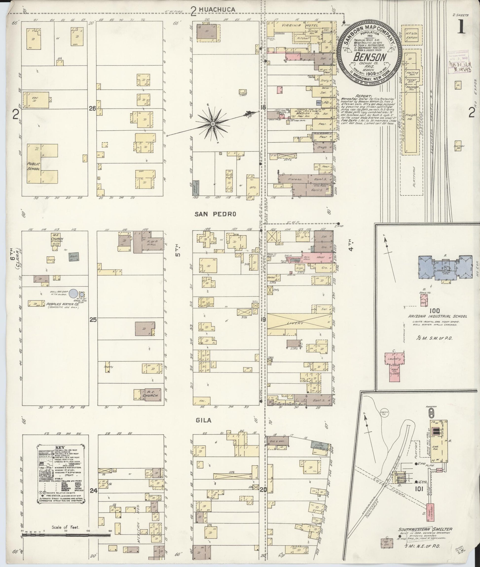 Sanborn Fire Insurance Map from Benson, Cochise County, Arizona (1909), Sheet #0001 - Complete Map Set gallery image, historic Sanborn map, vintage wall art, Arizona Arizona