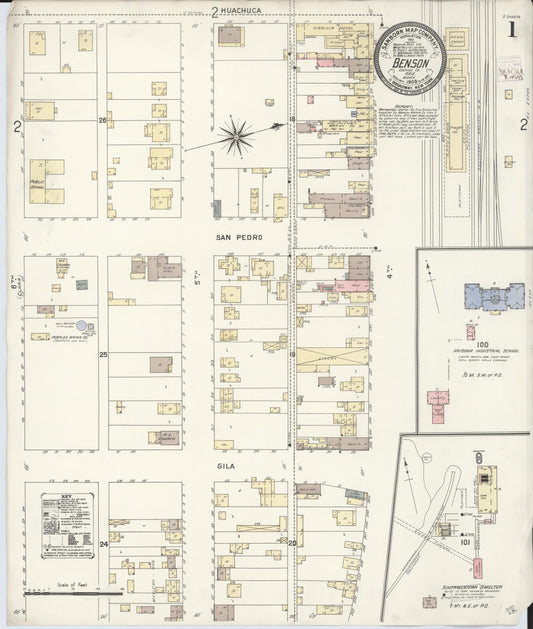 Sanborn Fire Insurance Map from Benson, Cochise County, Arizona (1909), Sheet #0001 - Complete Map Set gallery image, historic Sanborn map, vintage wall art, Arizona Arizona