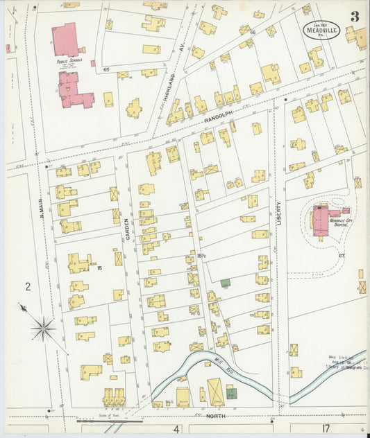 Sanborn Fire Insurance Map from Meadville, Crawford County, Pennsylvania (1901), Sheet #0003 - Historic Sanborn Fire Insurance Map Print, vintage old map wall art, antique decor, genealogy gift, Pennsylvania Pennsylvania map