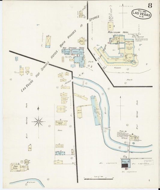 Sanborn Fire Insurance Map from Las Vegas, San Miguel County, New Mexico (1886), Sheet #0008 - Historic Sanborn Fire Insurance Map Print, vintage old map wall art, antique decor, genealogy gift, New Mexico New Mexico map