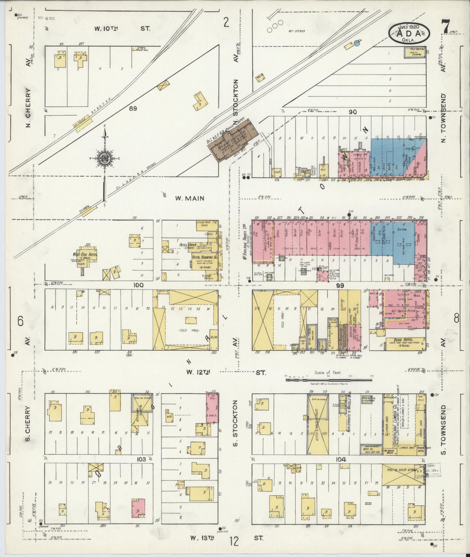 Sanborn Fire Insurance Map from Ada, Pontotoc County, Oklahoma (1920), Sheet #0007 - Complete Map Set gallery image, historic Sanborn map, vintage wall art, Oklahoma Oklahoma
