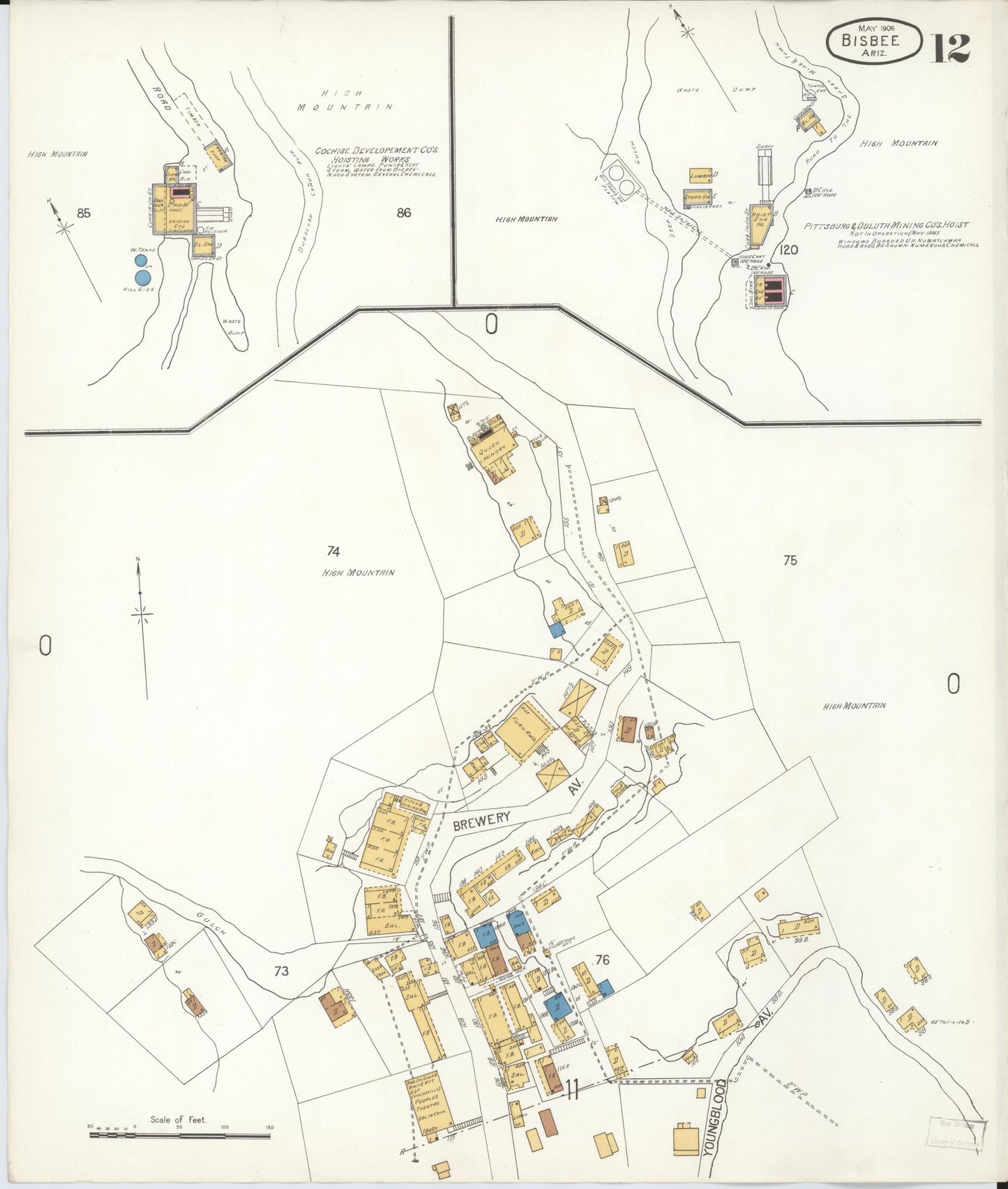 Sanborn Fire Insurance Map from Bisbee, Cochise County, Arizona (1906), Sheet #0012 - Historic Sanborn Fire Insurance Map Print, vintage old map wall art, antique decor, genealogy gift, Arizona Arizona map