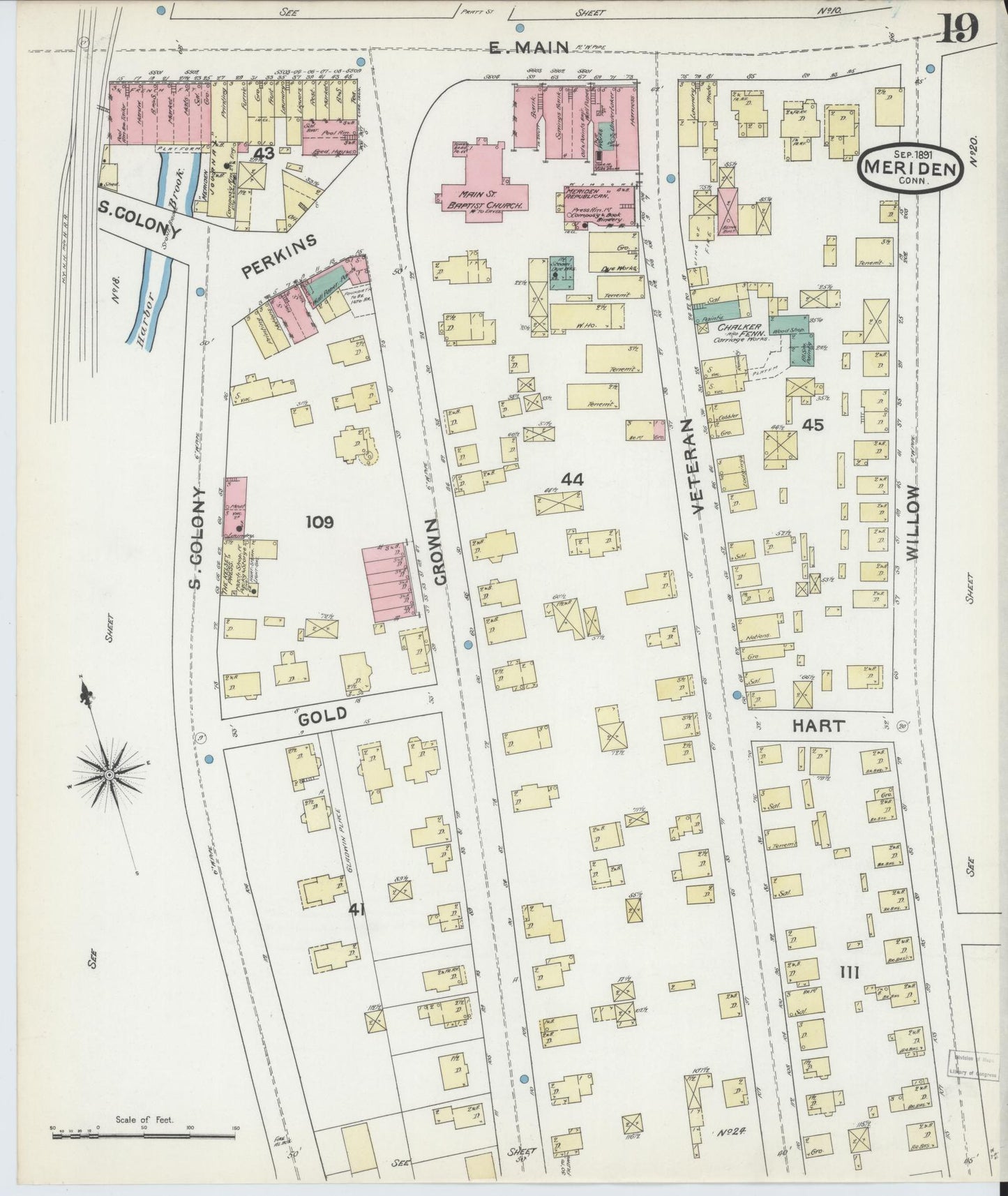 Sanborn Fire Insurance Map from Meriden, New Haven County, Connecticut (1891), Sheet #0019 - Complete Map Set gallery image, historic Sanborn map, vintage wall art, Connecticut Connecticut