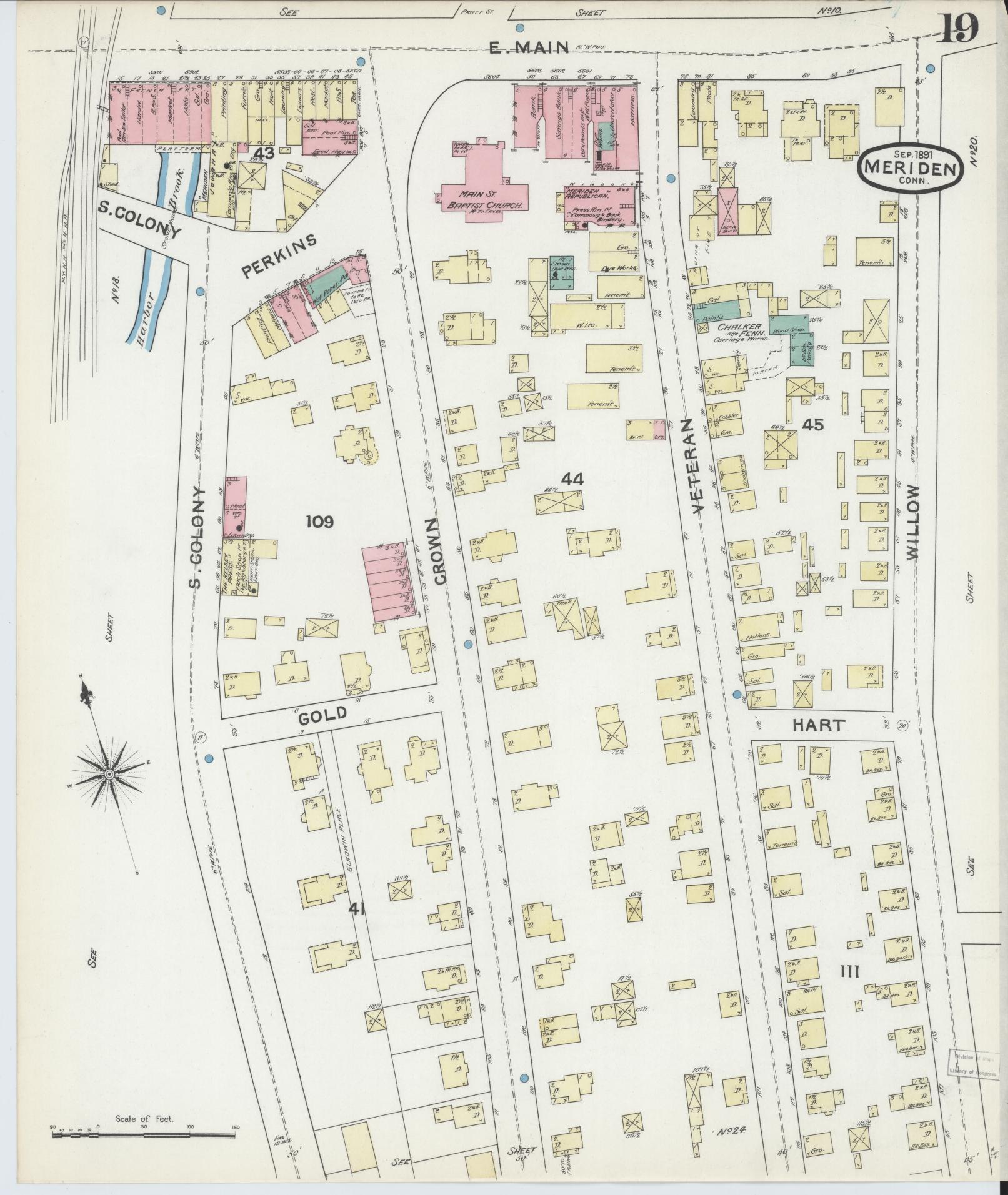 Sanborn Fire Insurance Map from Meriden, New Haven County, Connecticut (1891), Sheet #0019 - Complete Map Set gallery image, historic Sanborn map, vintage wall art, Connecticut Connecticut
