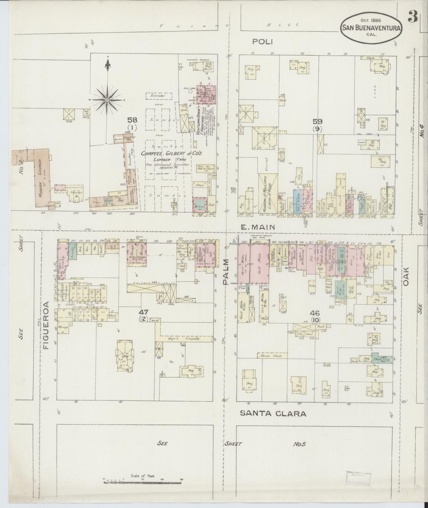 Sanborn Fire Insurance Map from San Buenaventura, Ventura County, California (1886), Sheet #0003 - Complete Map Set gallery image, historic Sanborn map, vintage wall art, California California
