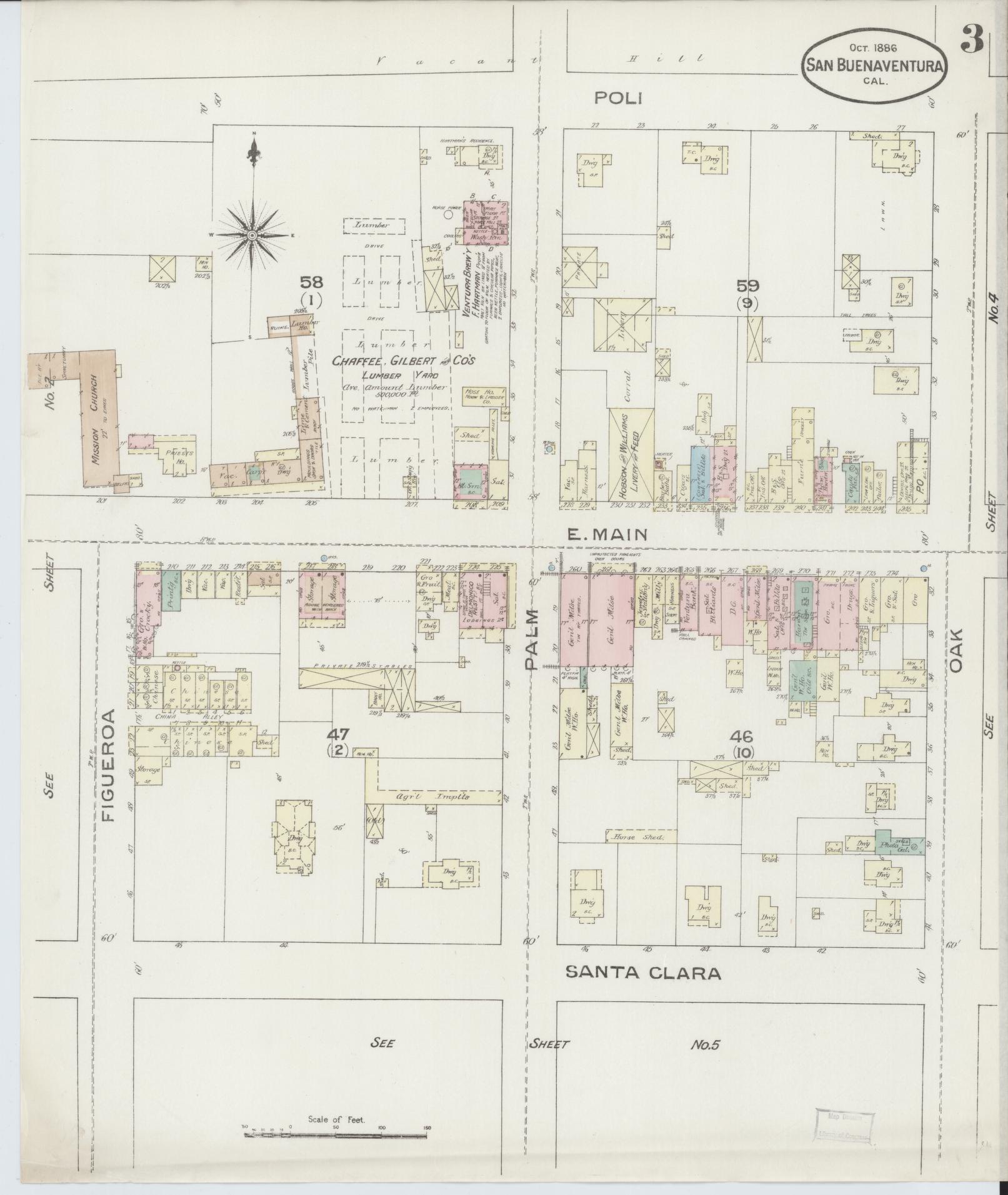 Sanborn Fire Insurance Map from San Buenaventura, Ventura County, California (1886), Sheet #0003 - Complete Map Set gallery image, historic Sanborn map, vintage wall art, California California