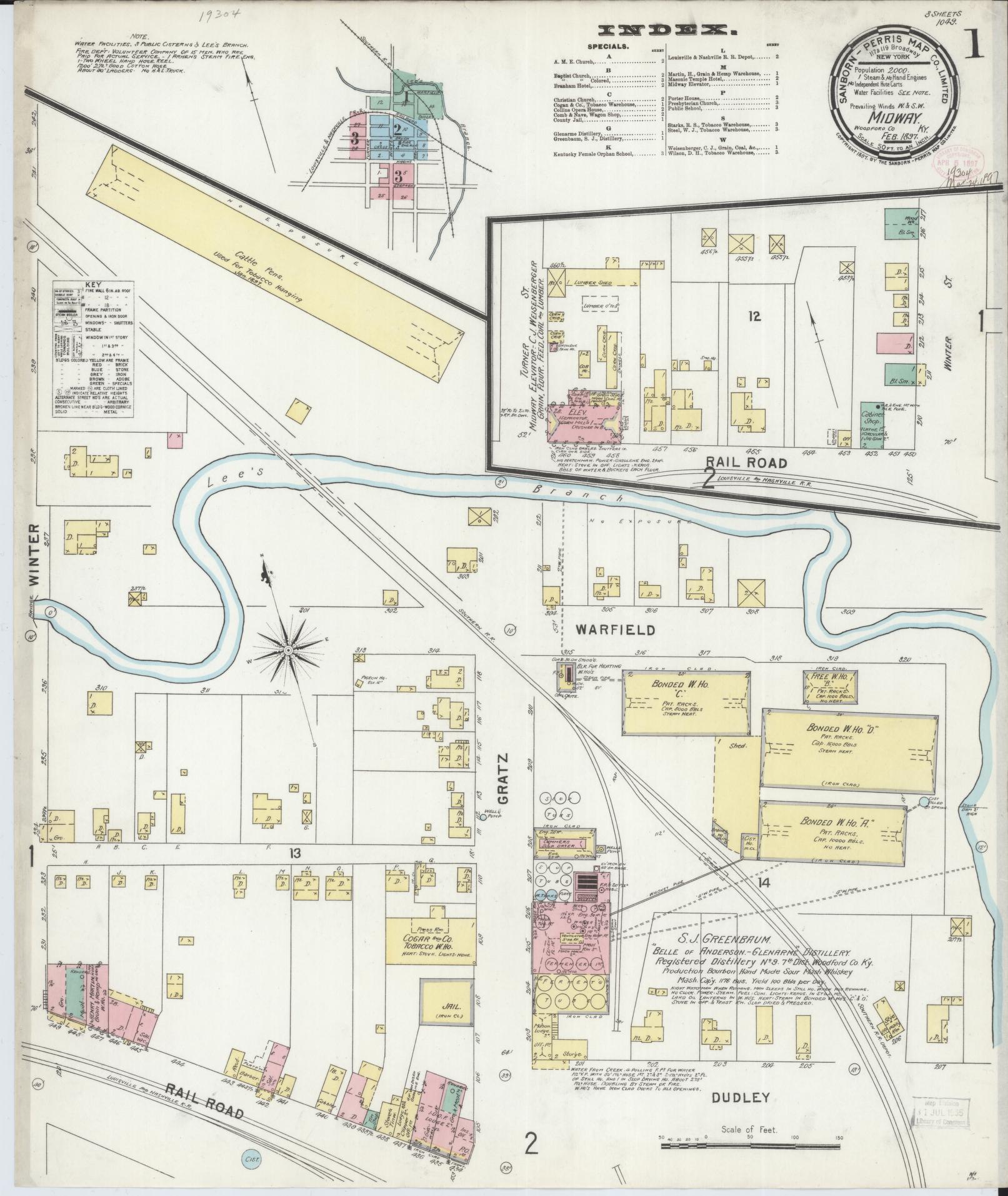 Sanborn Fire Insurance Map from Midway, Woodford County, Kentucky (1897), Sheet #0001 - Historic Sanborn Fire Insurance Map Print, vintage old map wall art, antique decor, genealogy gift, Kentucky Kentucky map