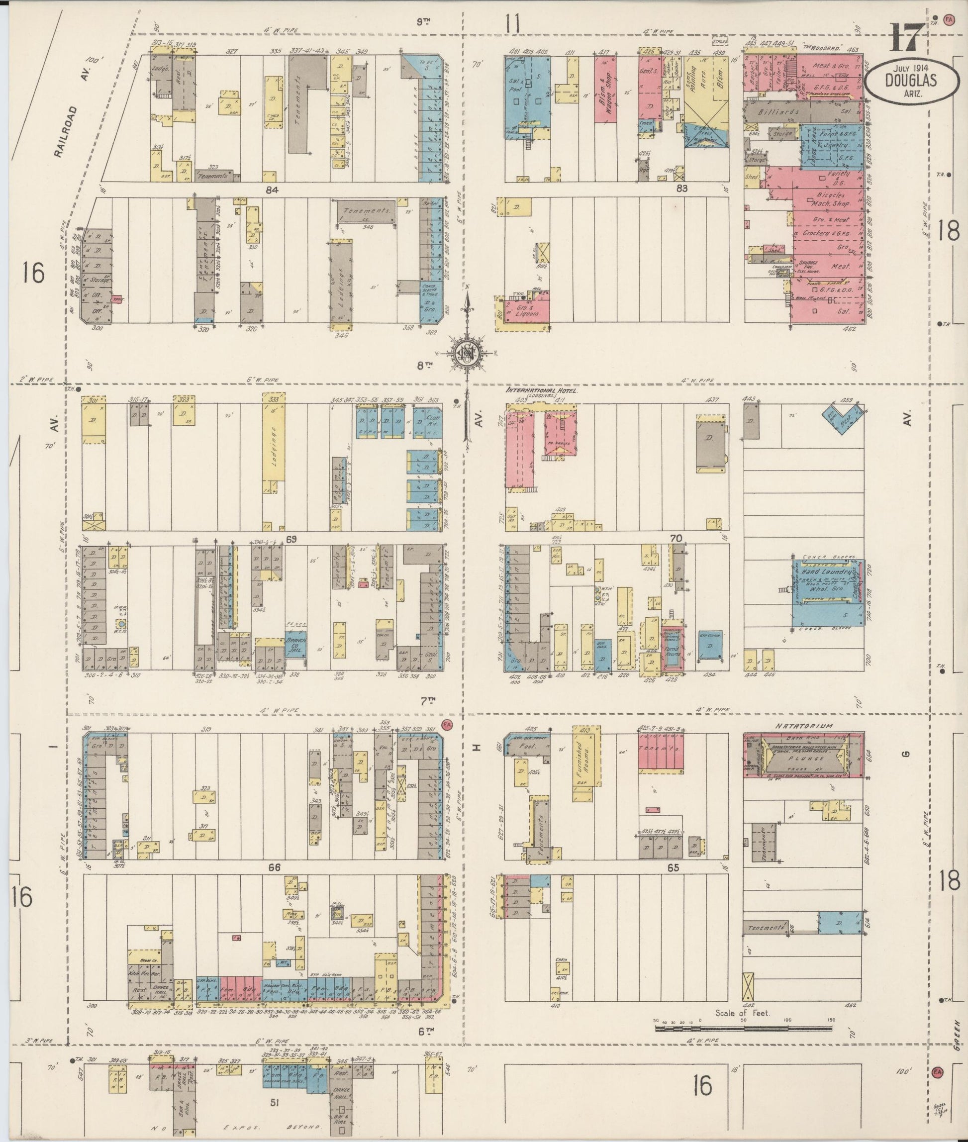 Sanborn Fire Insurance Map from Douglas, Cochise County, Arizona (1914), Sheet #0017 - Historic Sanborn Fire Insurance Map Print, vintage old map wall art, antique decor, genealogy gift, Arizona Arizona map