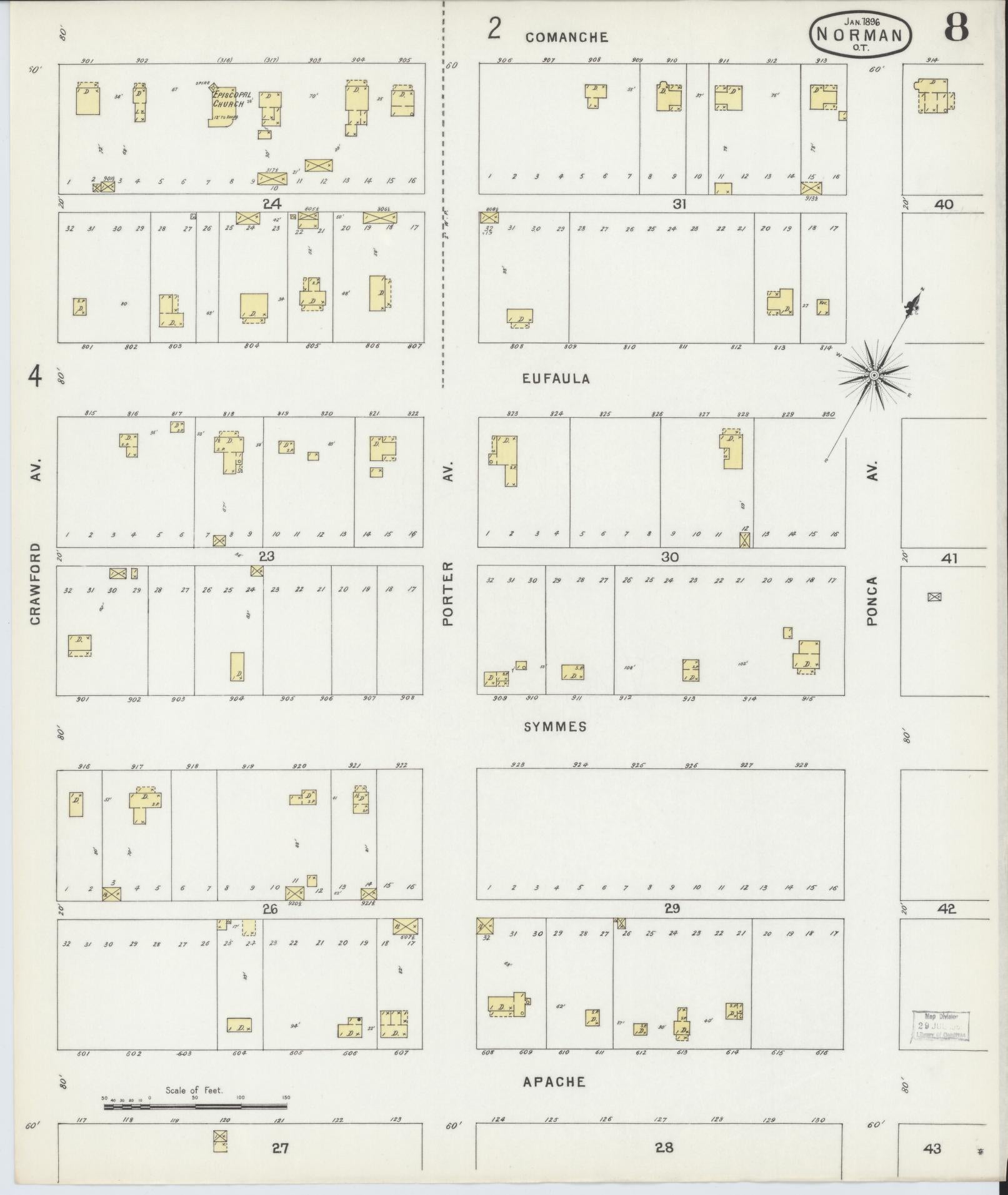 Sanborn Fire Insurance Map from Norman, Cleveland County, Oklahoma (1896), Sheet #0008 - Historic Sanborn Fire Insurance Map Print, vintage old map wall art, antique decor, genealogy gift, Oklahoma Oklahoma map