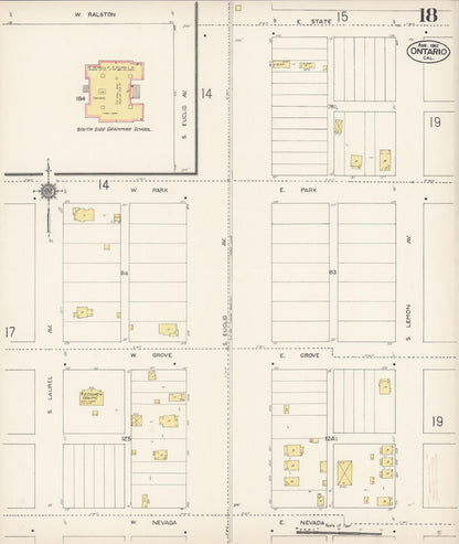 Sanborn Fire Insurance Map from Ontario, San Bernardino County, California (1912), Sheet #0018 - Complete Map Set gallery image, historic Sanborn map, vintage wall art, California California