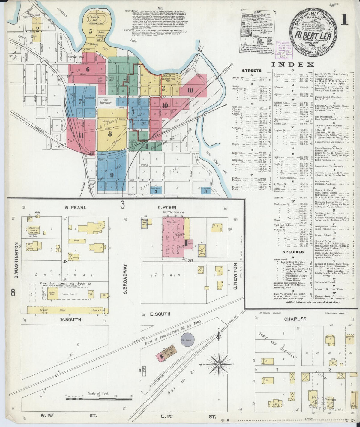 Sanborn Fire Insurance Map from Albert Lea, Freeborn County, Minnesota (1905), Sheet #0001 - Complete Map Set gallery image, historic Sanborn map, vintage wall art, Minnesota Minnesota