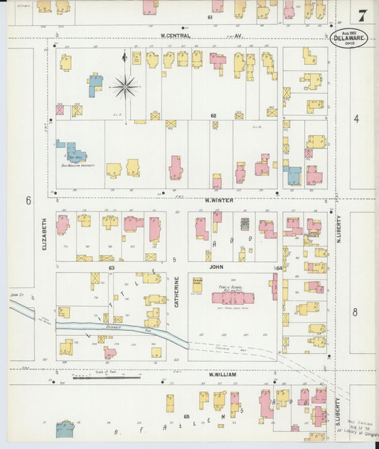 Sanborn Fire Insurance Map from Delaware, Delaware County, Ohio (1901), Sheet #0007 - Historic Sanborn Fire Insurance Map Print, vintage old map wall art, antique decor, genealogy gift, Sanborn Fire Insurance Map from Delaware Delaware map