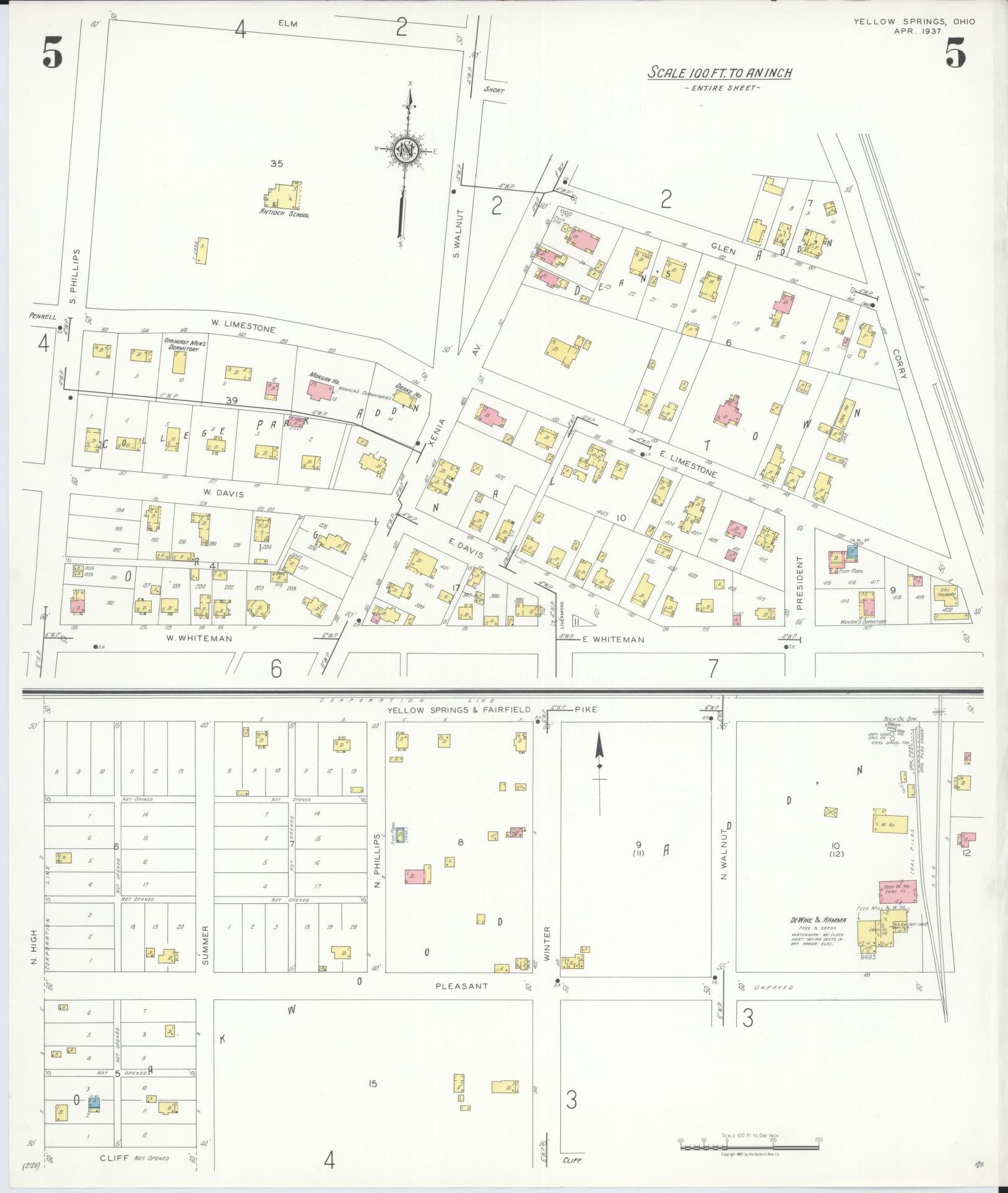 Sanborn Fire Insurance Map from Yellow Springs, Greene County, Ohio (1937), Sheet #0005 - Historic Sanborn Fire Insurance Map Print, vintage old map wall art, antique decor, genealogy gift, Ohio Ohio map