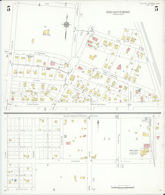 Sanborn Fire Insurance Map from Yellow Springs, Greene County, Ohio (1937), Sheet #0005 - Historic Sanborn Fire Insurance Map Print, vintage old map wall art, antique decor, genealogy gift, Ohio Ohio map