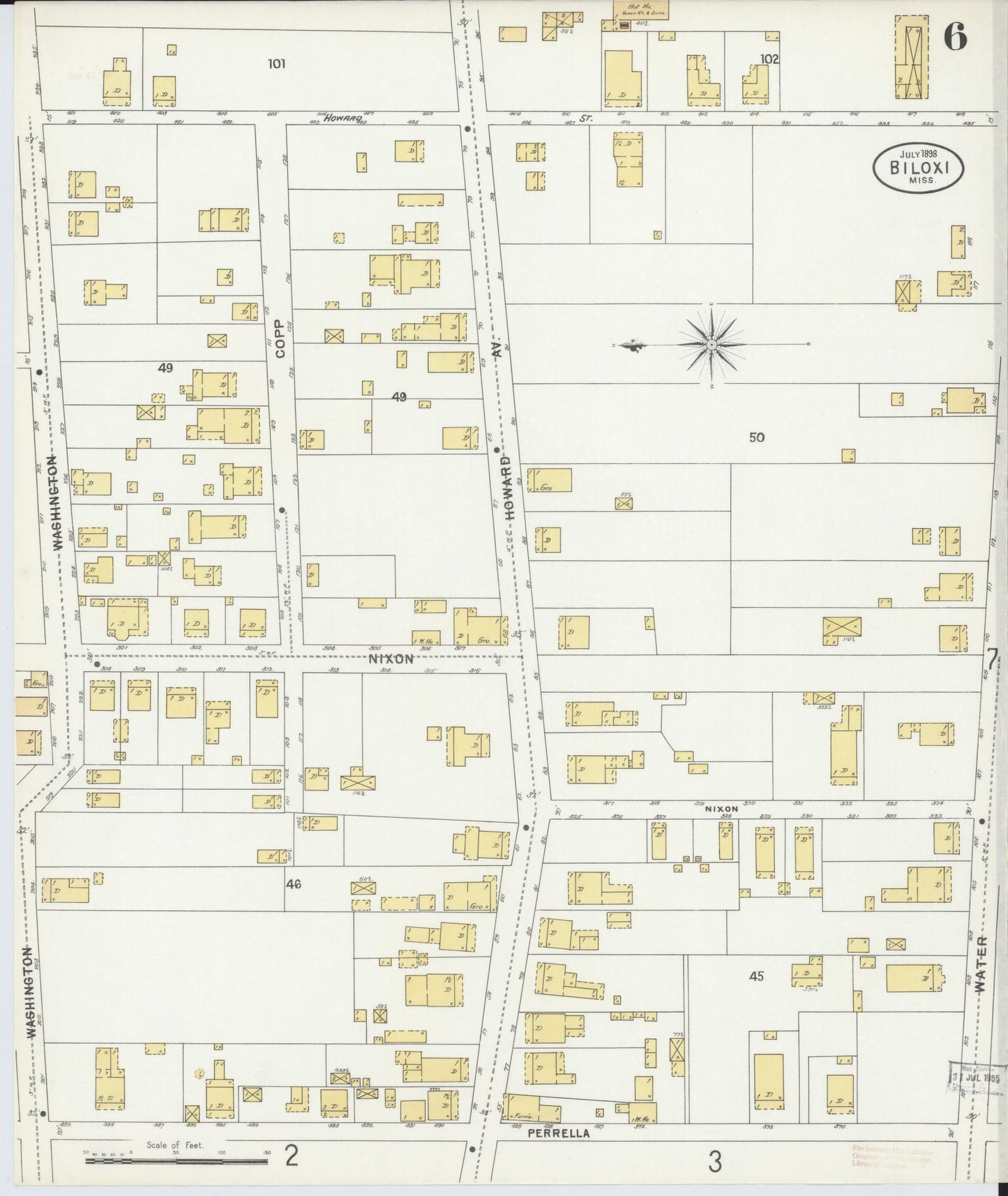 Sanborn Fire Insurance Map from Biloxi, Harrison County, Mississippi (1898), Sheet #0006 - Historic Sanborn Fire Insurance Map Print, vintage old map wall art, antique decor, genealogy gift, Mississippi Mississippi map
