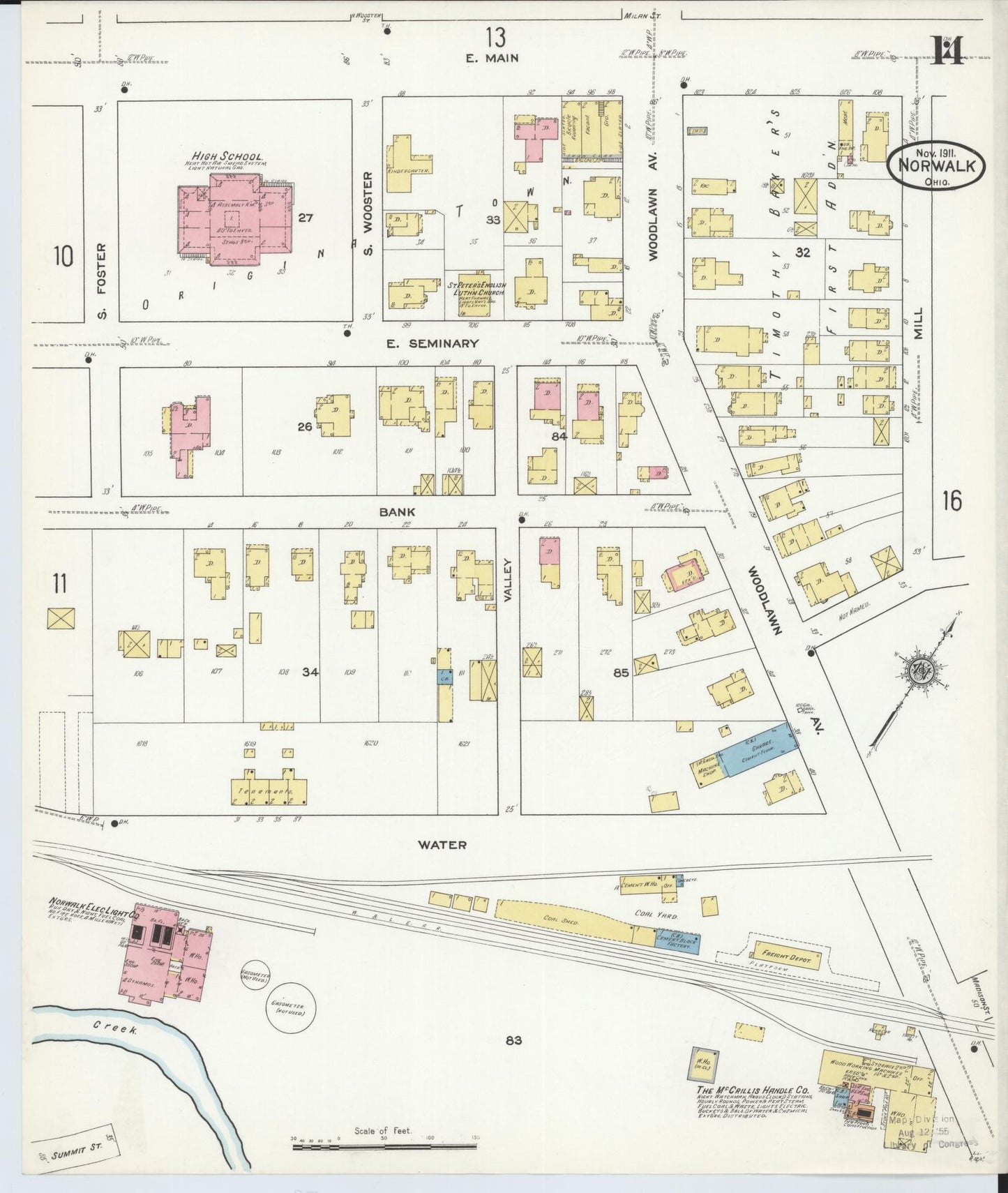 Sanborn Fire Insurance Map from Norwalk, Huron County, Ohio (1911), Sheet #0014 - Historic Sanborn Fire Insurance Map Print, vintage old map wall art, antique decor, genealogy gift, Ohio Ohio map