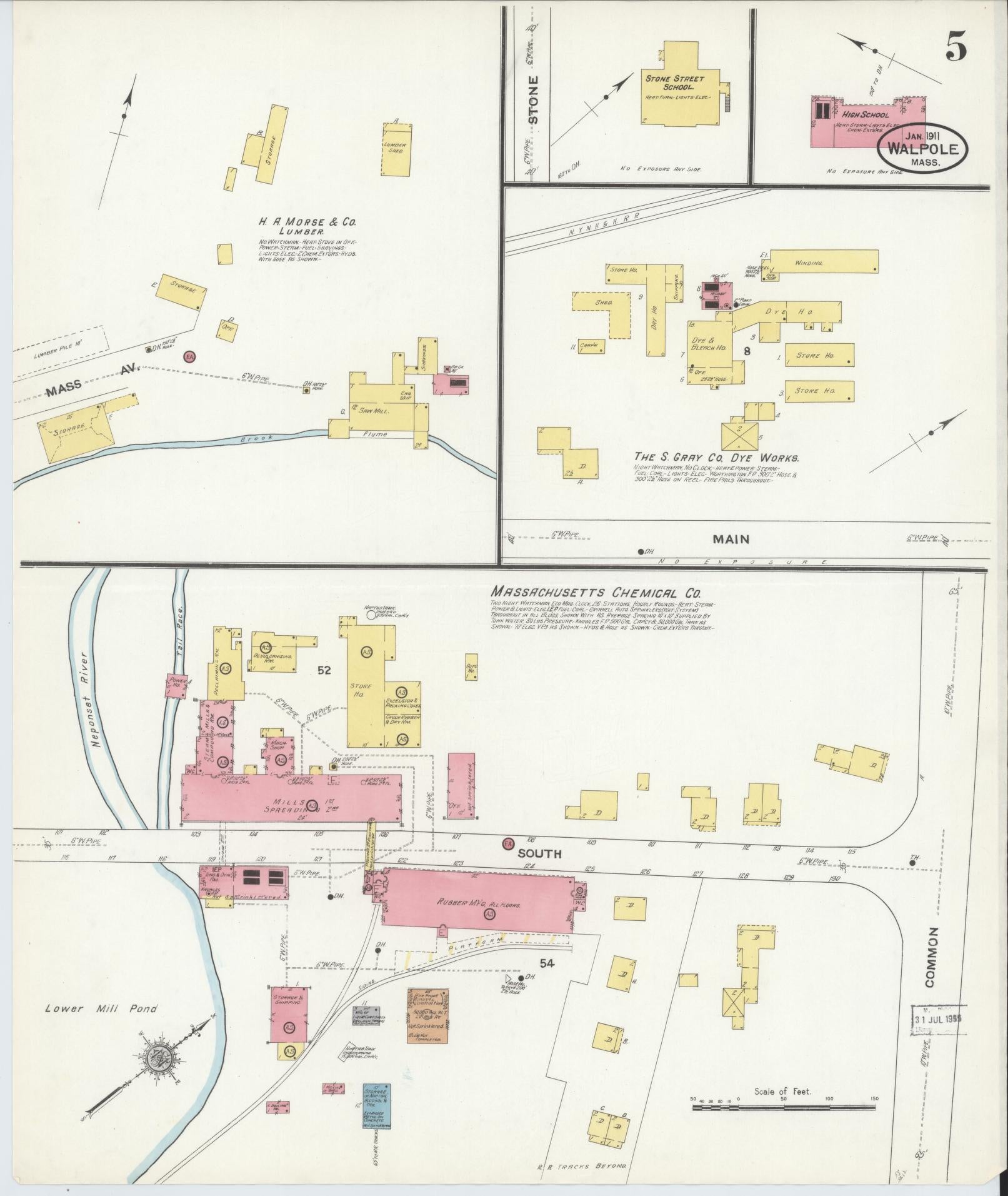 Sanborn Fire Insurance Map from Walpole, Norfolk County, Massachusetts (1911), Sheet #0005 - Complete Map Set gallery image, historic Sanborn map, vintage wall art, Massachusetts Massachusetts