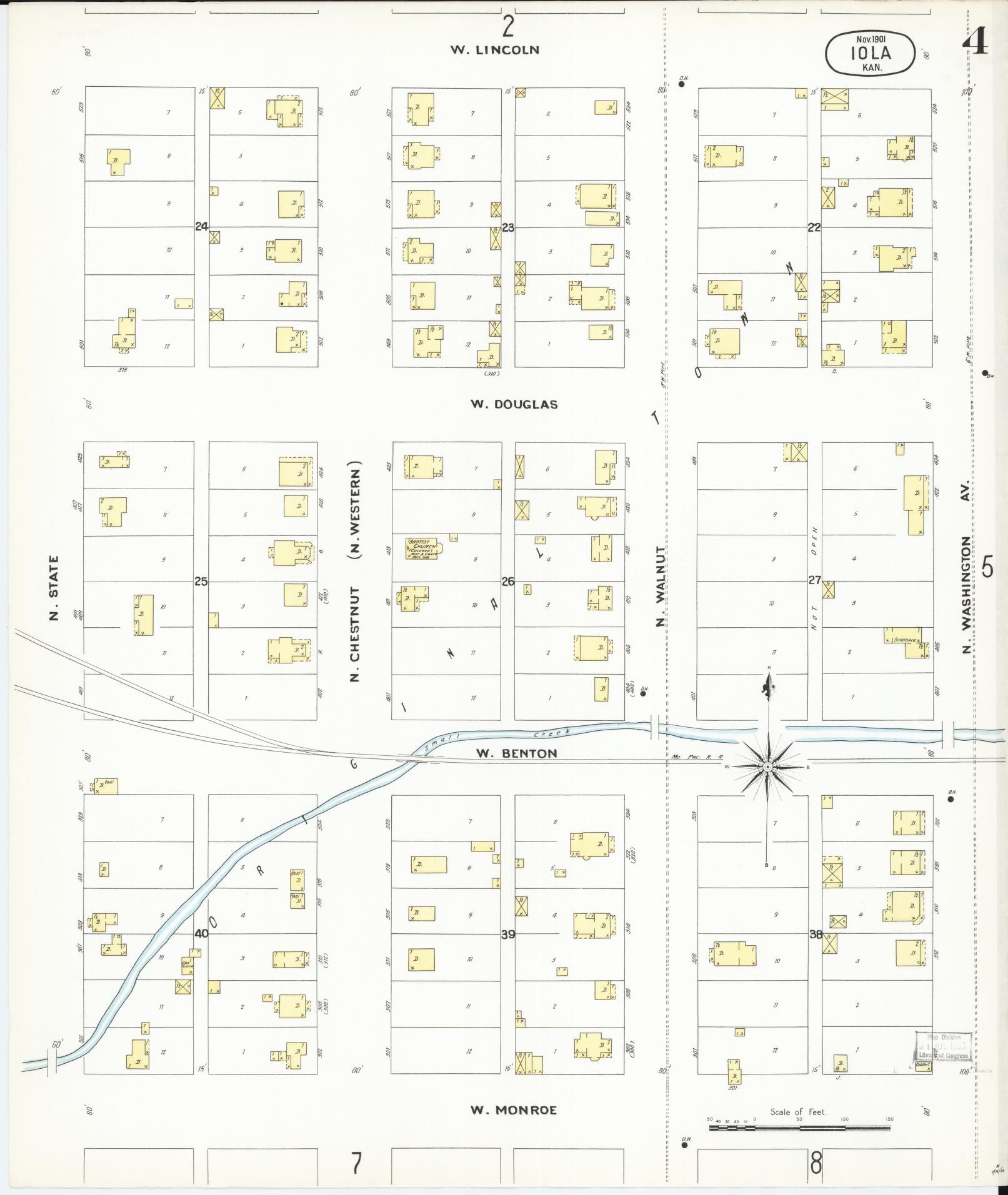 Sanborn Fire Insurance Map from Iola, Allen County, Kansas (1901), Sheet #0004 - Complete Map Set gallery image, historic Sanborn map, vintage wall art, Kansas Kansas