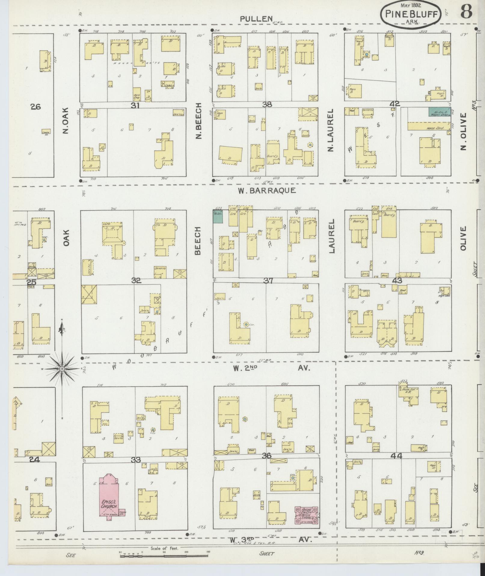 Sanborn Fire Insurance Map from Pine Bluff, Jefferson County, Arkansas (1892), Sheet #0008 - Complete Map Set gallery image, historic Sanborn map, vintage wall art, Arkansas Arkansas